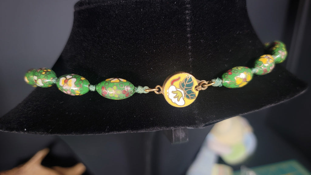 1950s Cloisonné Necklace on Hand Knotted Silk