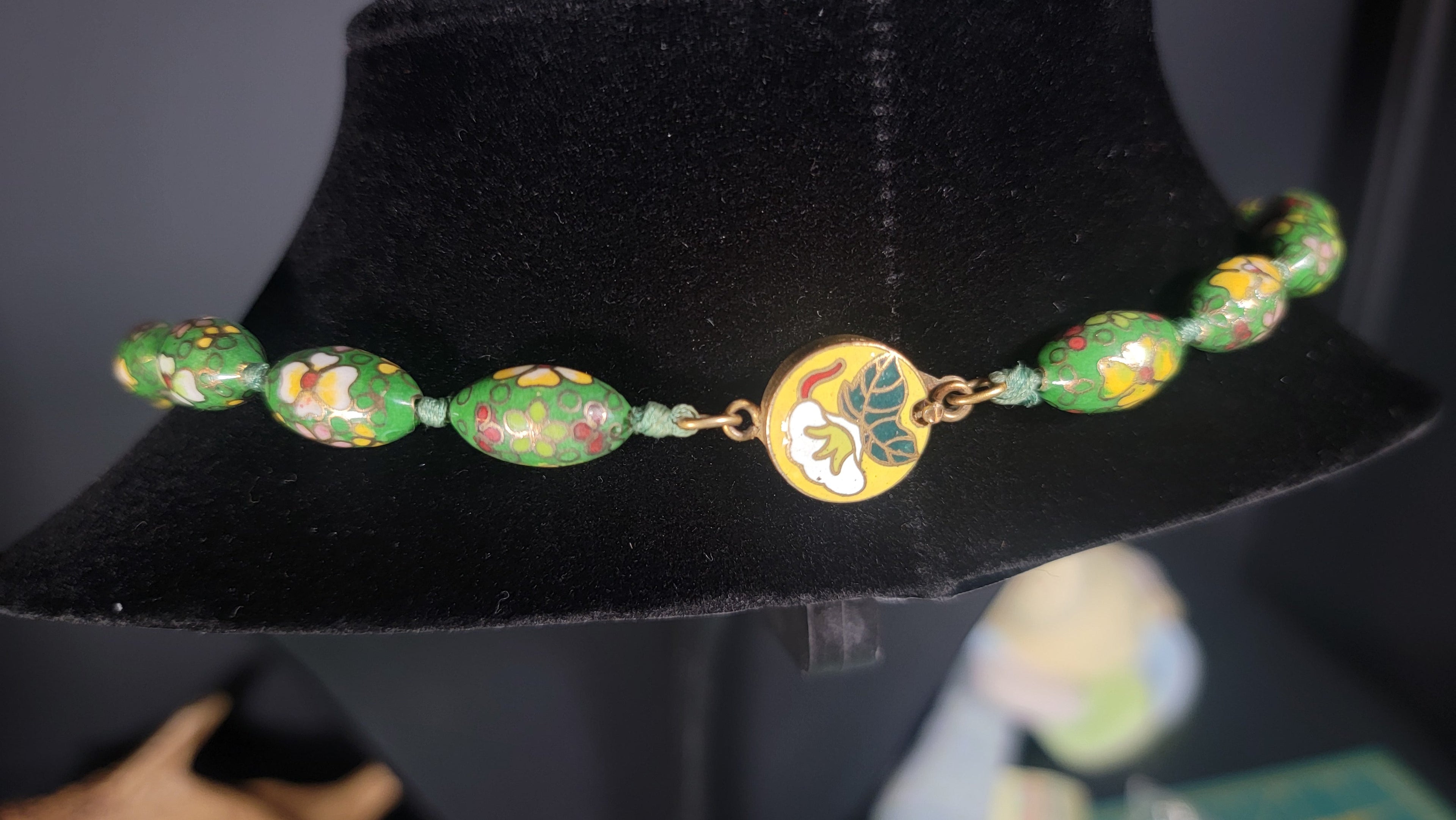 1950s Cloisonné Necklace on Hand Knotted Silk