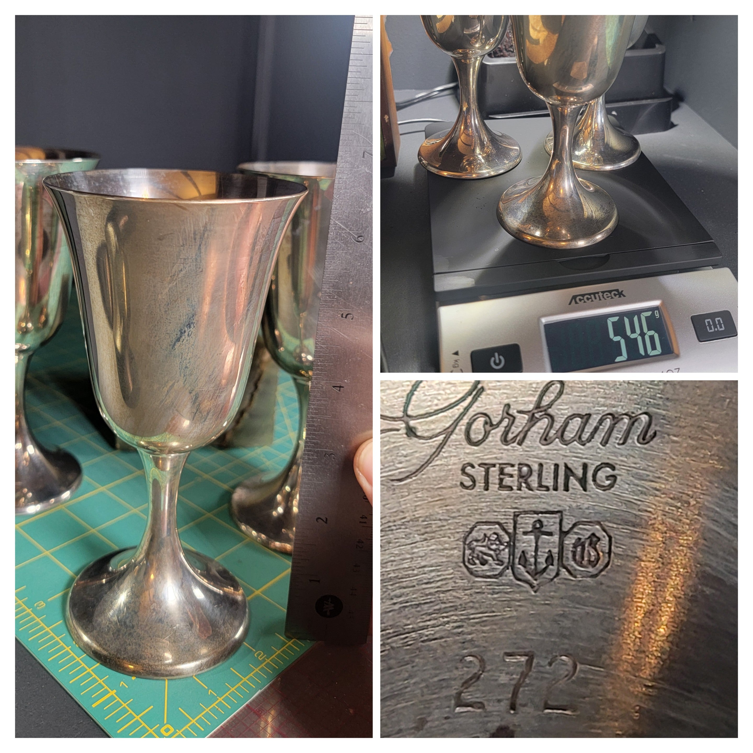 Gorham Sterling Silver Goblets Model 272 - Set of 3 - 546g Solid .925 Silver