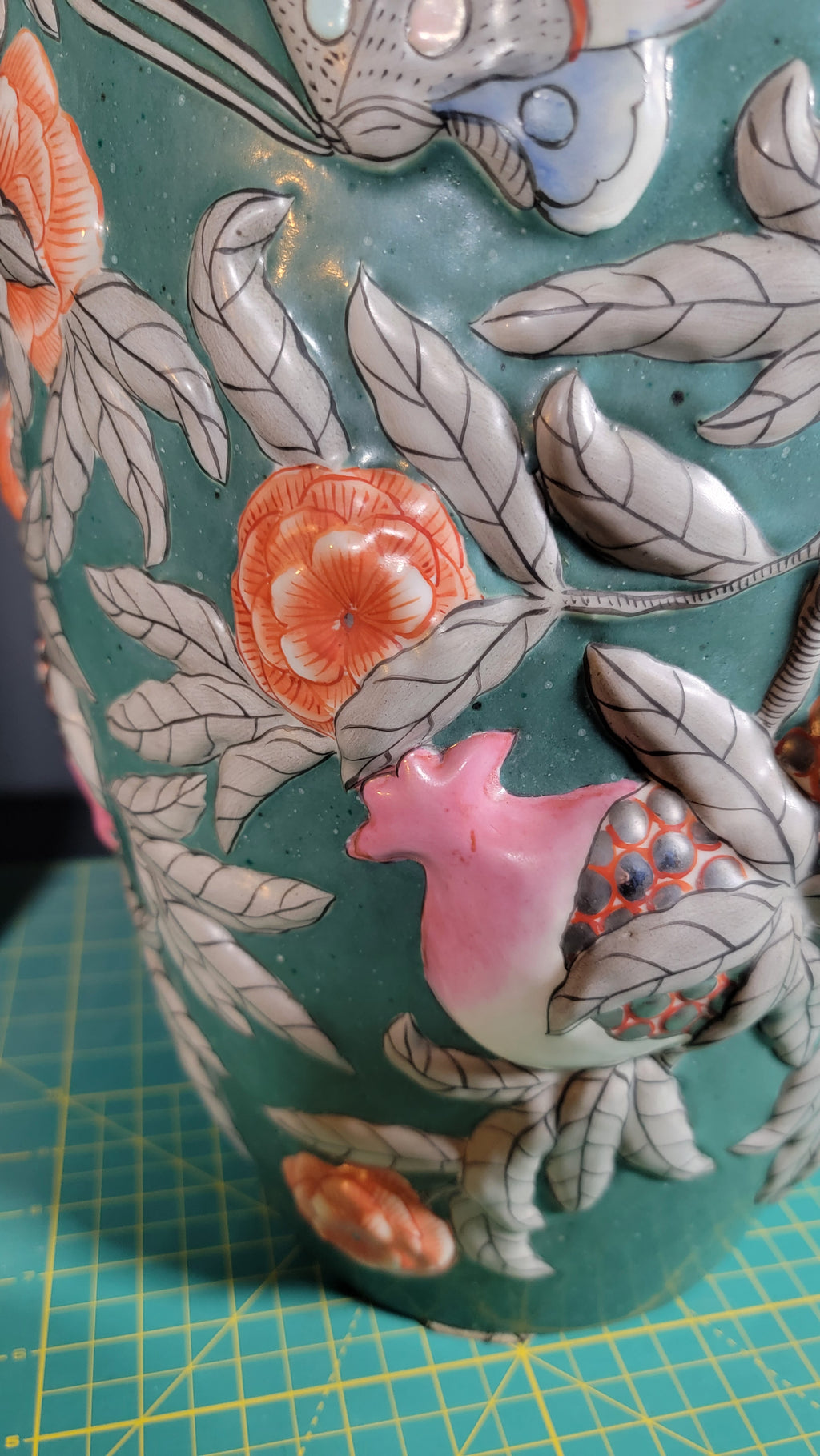 Asian Famille Rose Porcelain Vases Pair - 19.5" Tall - Butterflies & Pomegranates