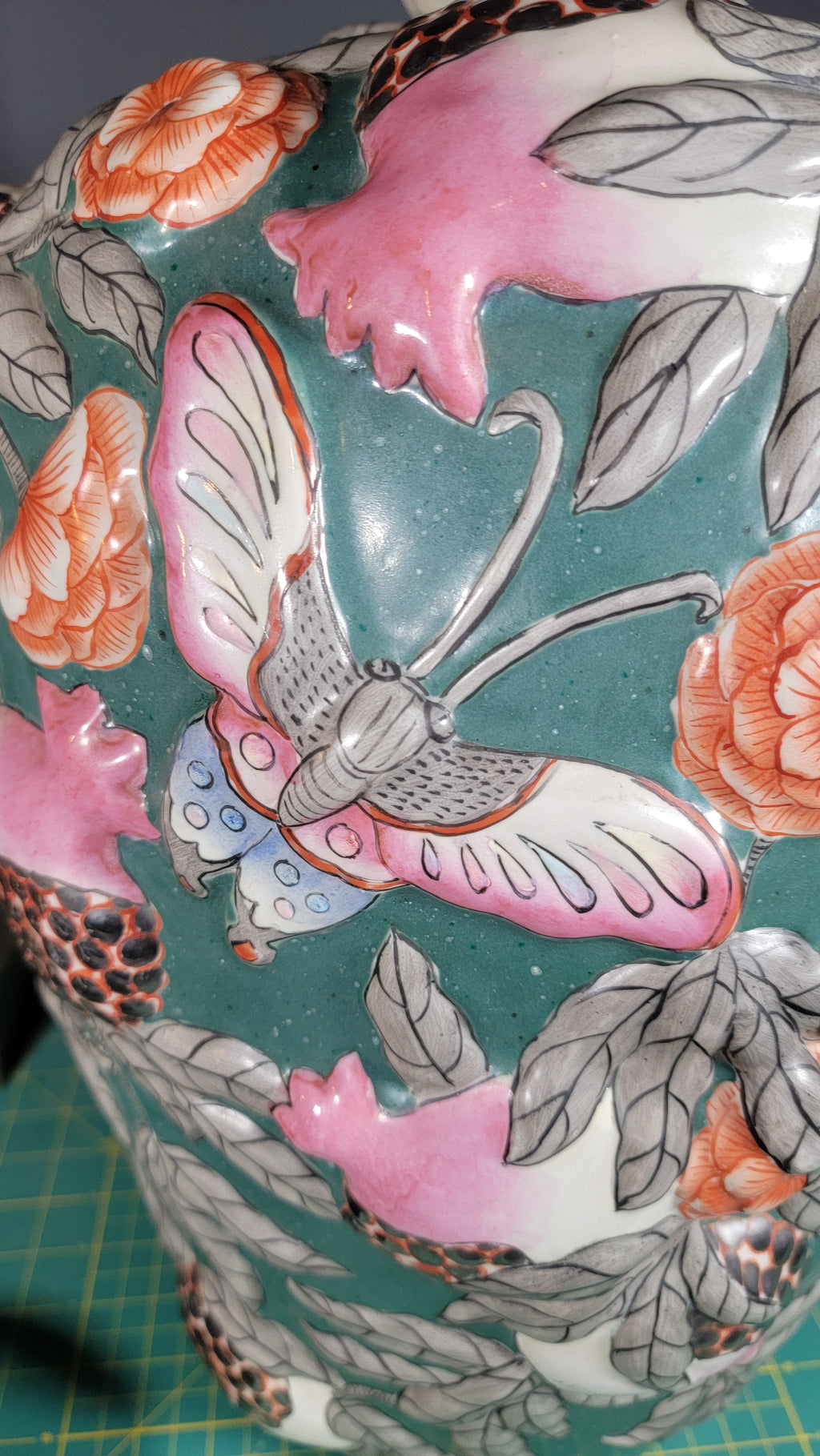 Asian Famille Rose Porcelain Vases Pair - 19.5" Tall - Butterflies & Pomegranates