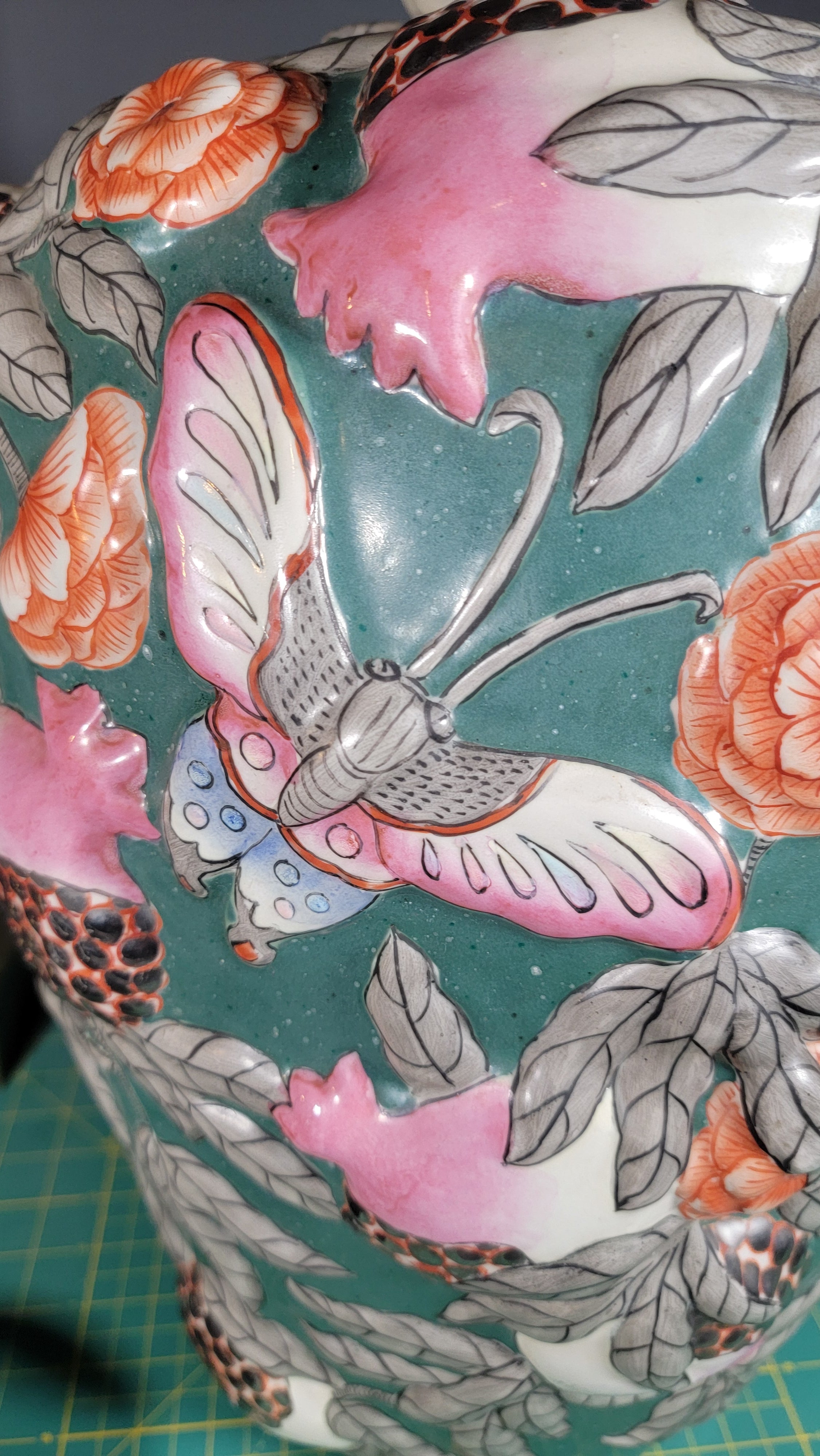 Asian Famille Rose Porcelain Vases Pair - 19.5" Tall - Butterflies & Pomegranates