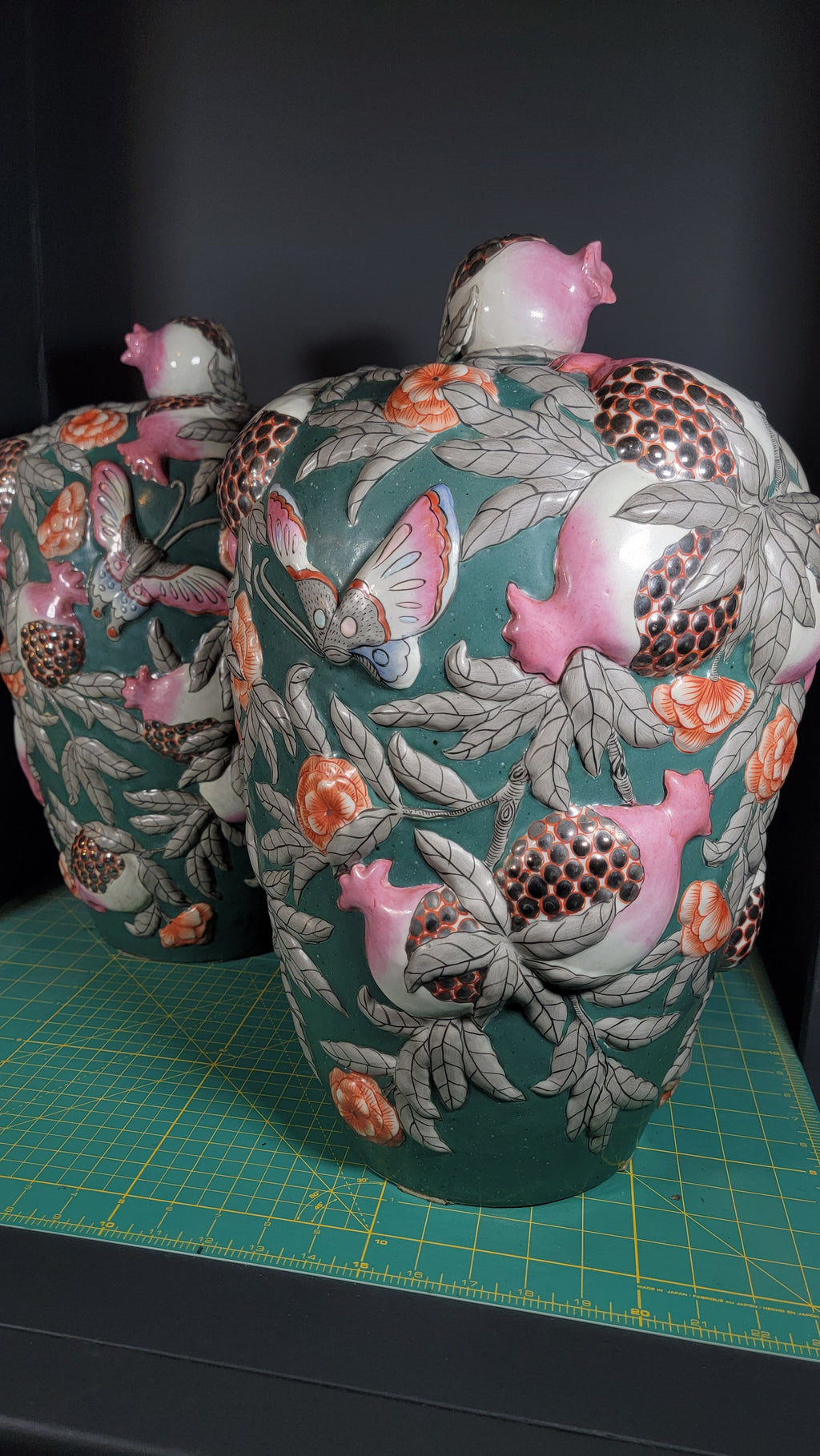 Asian Famille Rose Porcelain Vases Pair - 19.5" Tall - Butterflies & Pomegranates