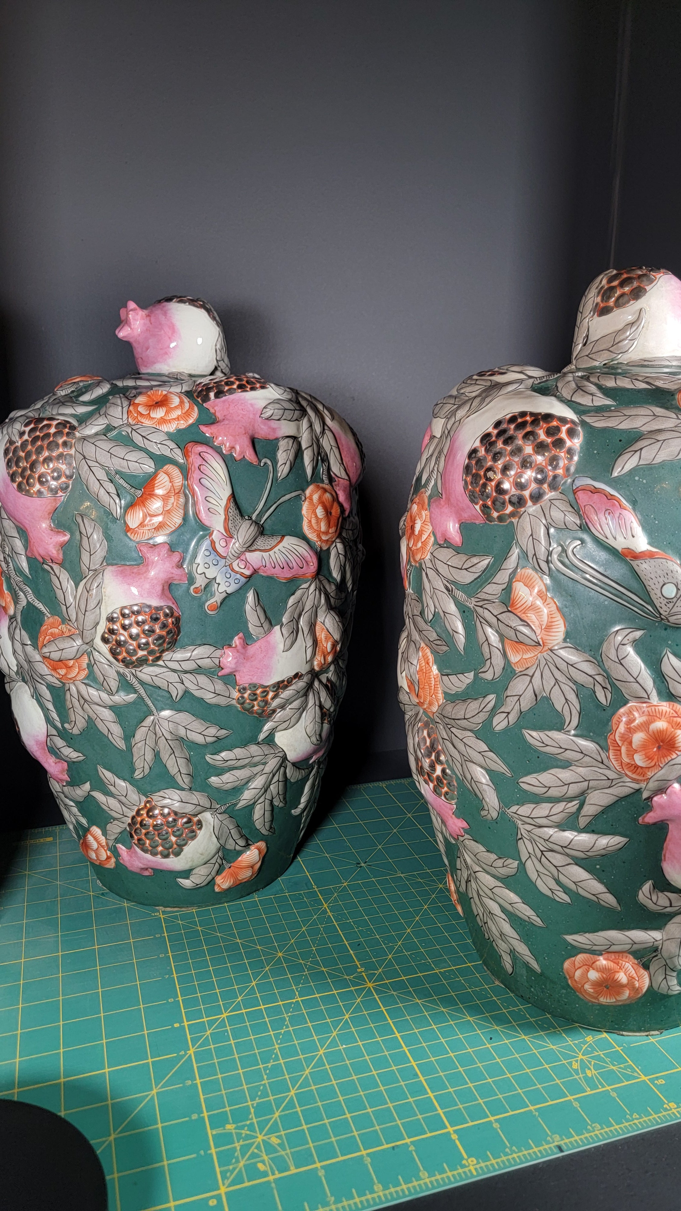 Asian Famille Rose Porcelain Vases Pair - 19.5" Tall - Butterflies & Pomegranates
