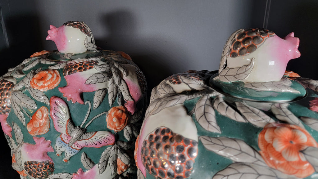 Asian Famille Rose Porcelain Vases Pair - 19.5" Tall - Butterflies & Pomegranates