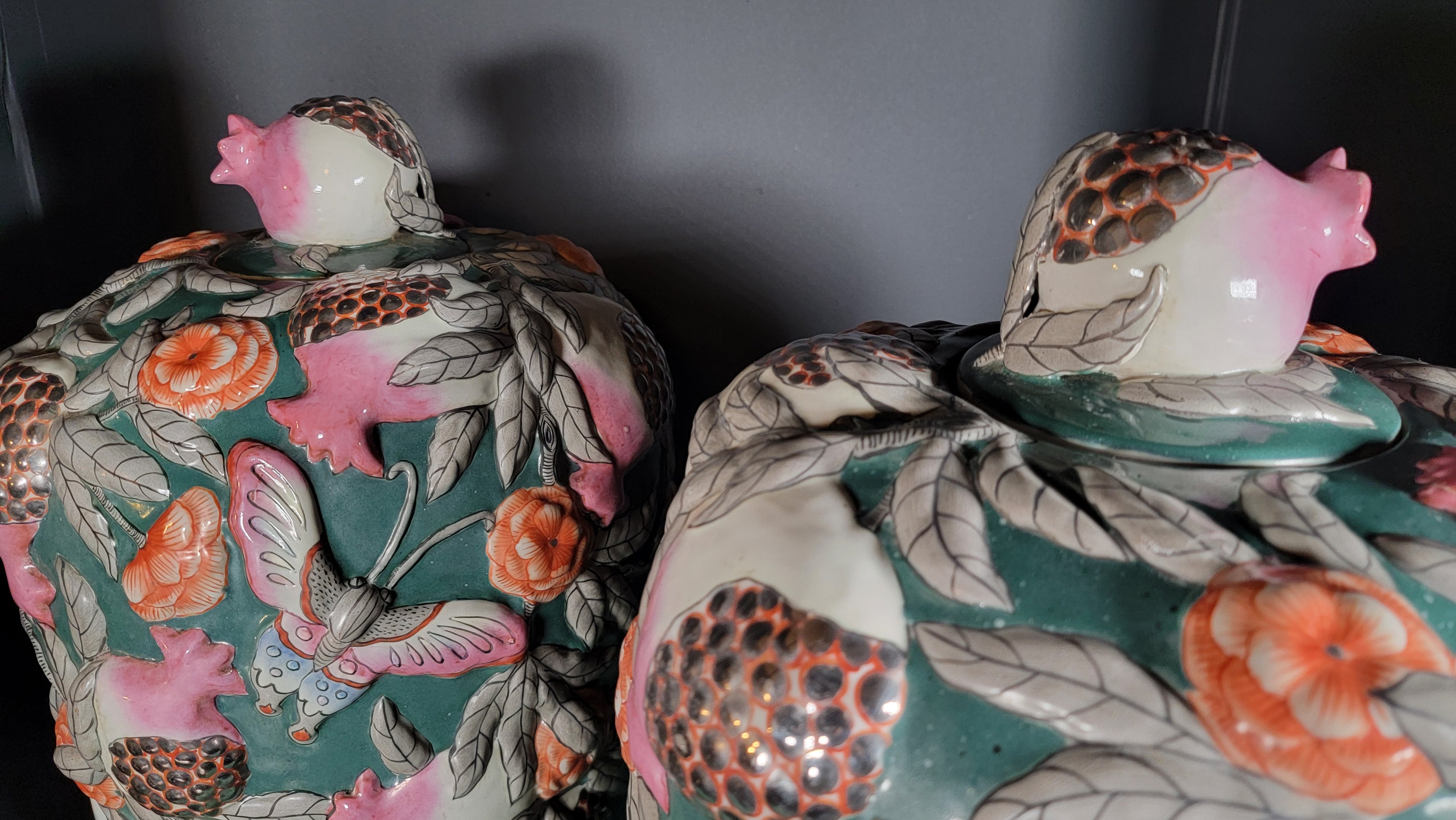 Asian Famille Rose Porcelain Vases Pair - 19.5" Tall - Butterflies & Pomegranates