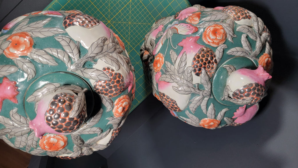 Asian Famille Rose Porcelain Vases Pair - 19.5" Tall - Butterflies & Pomegranates