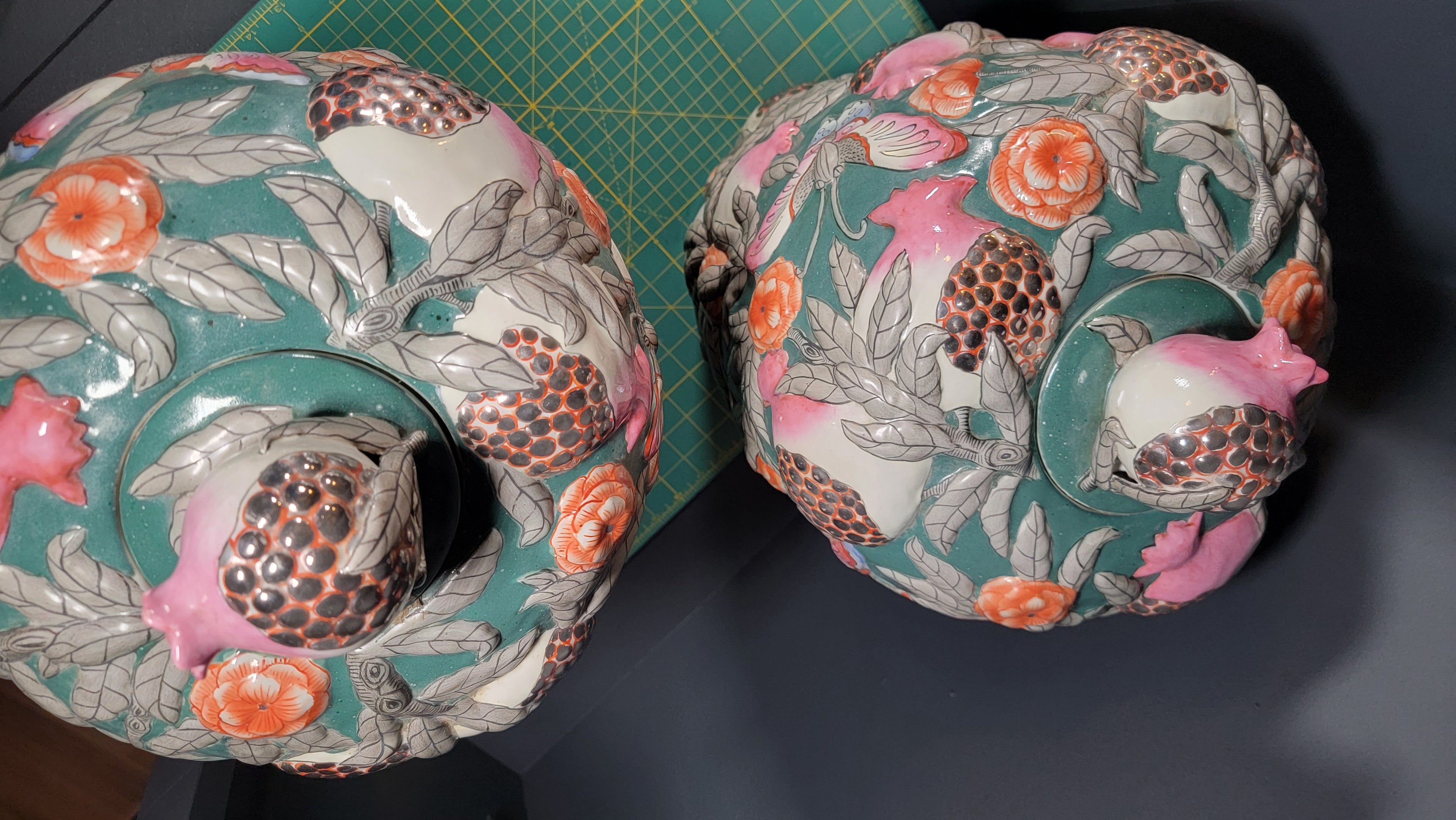 Asian Famille Rose Porcelain Vases Pair - 19.5" Tall - Butterflies & Pomegranates
