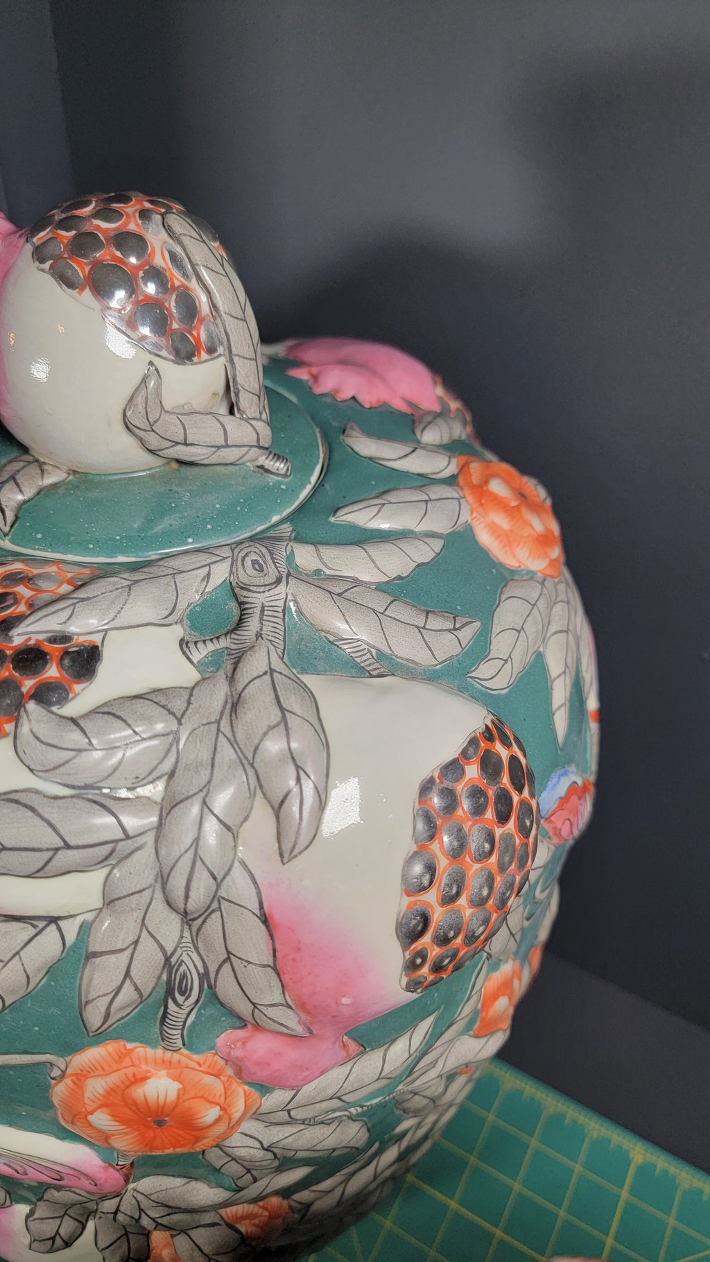 Asian Famille Rose Porcelain Vases Pair - 19.5" Tall - Butterflies & Pomegranates