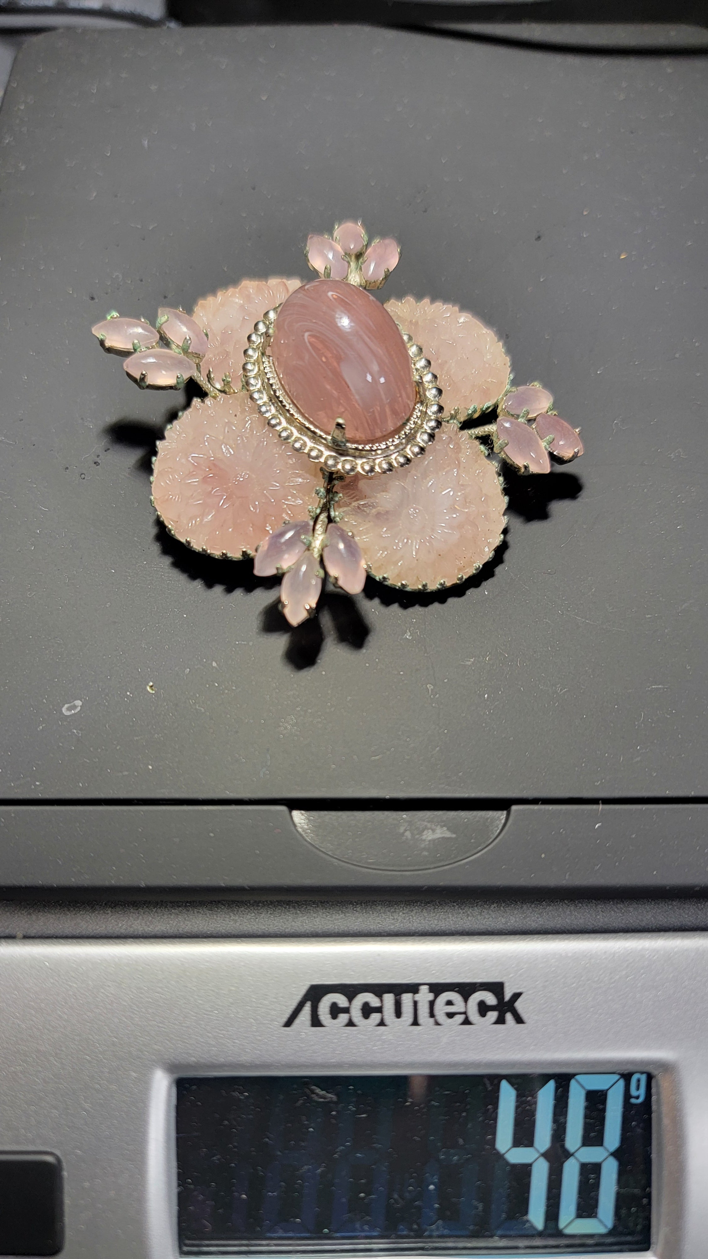 Vintage Schreiner New York 1950s Signed Cupcake Floral Glass Brooch Pink Cabochon