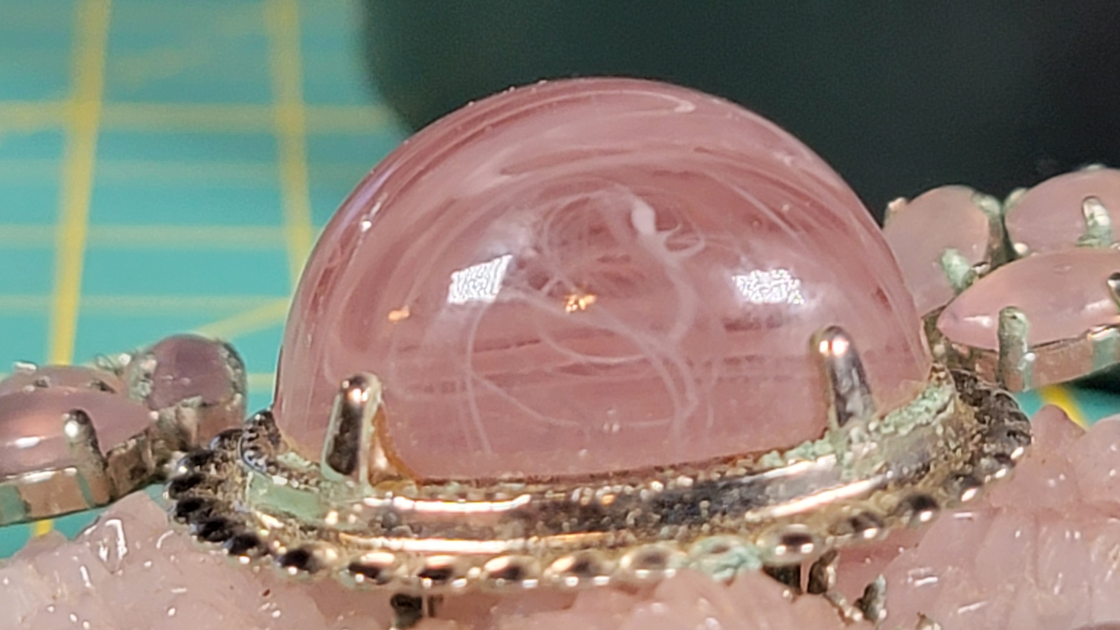Vintage Schreiner New York 1950s Signed Cupcake Floral Glass Brooch Pink Cabochon
