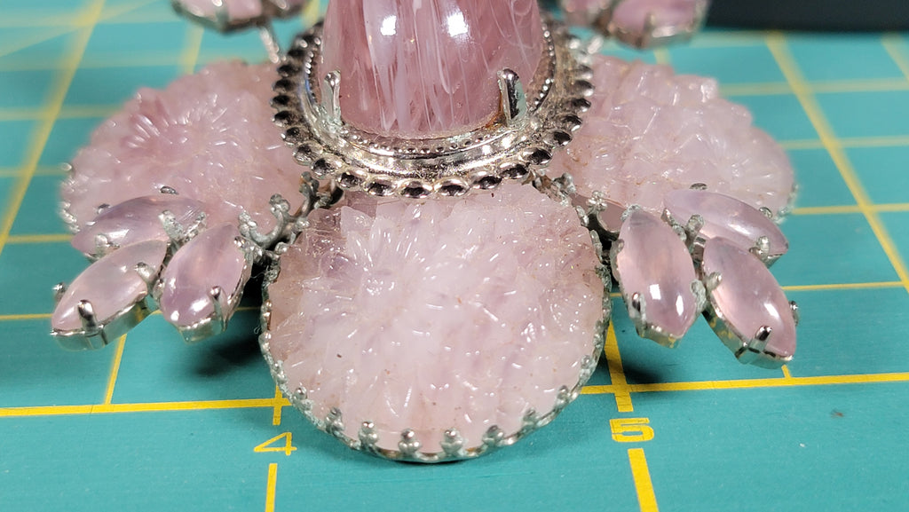 Vintage Schreiner New York 1950s Signed Cupcake Floral Glass Brooch Pink Cabochon