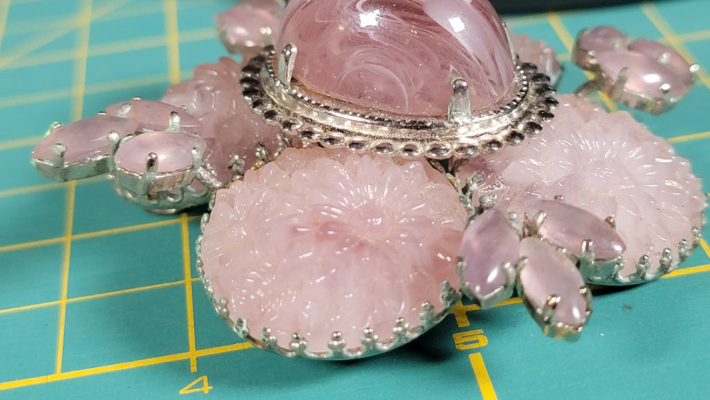 Vintage Schreiner New York 1950s Signed Cupcake Floral Glass Brooch Pink Cabochon