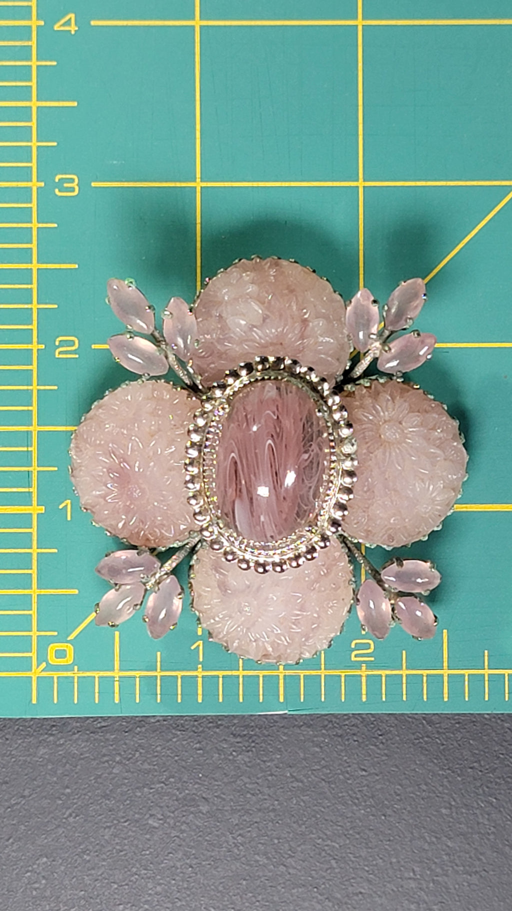 Vintage Schreiner New York 1950s Signed Cupcake Floral Glass Brooch Pink Cabochon