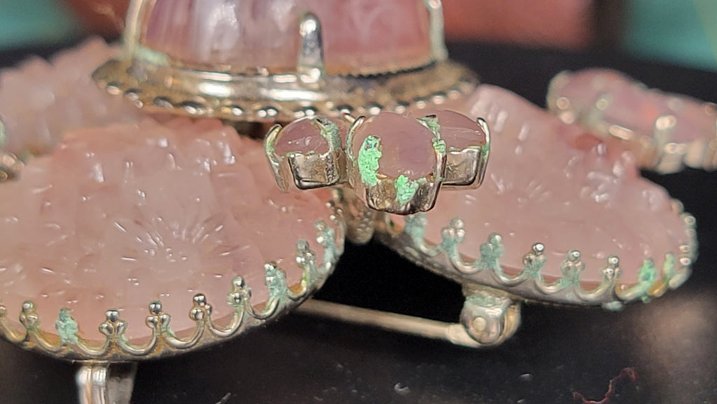 Vintage Schreiner New York 1950s Signed Cupcake Floral Glass Brooch Pink Cabochon