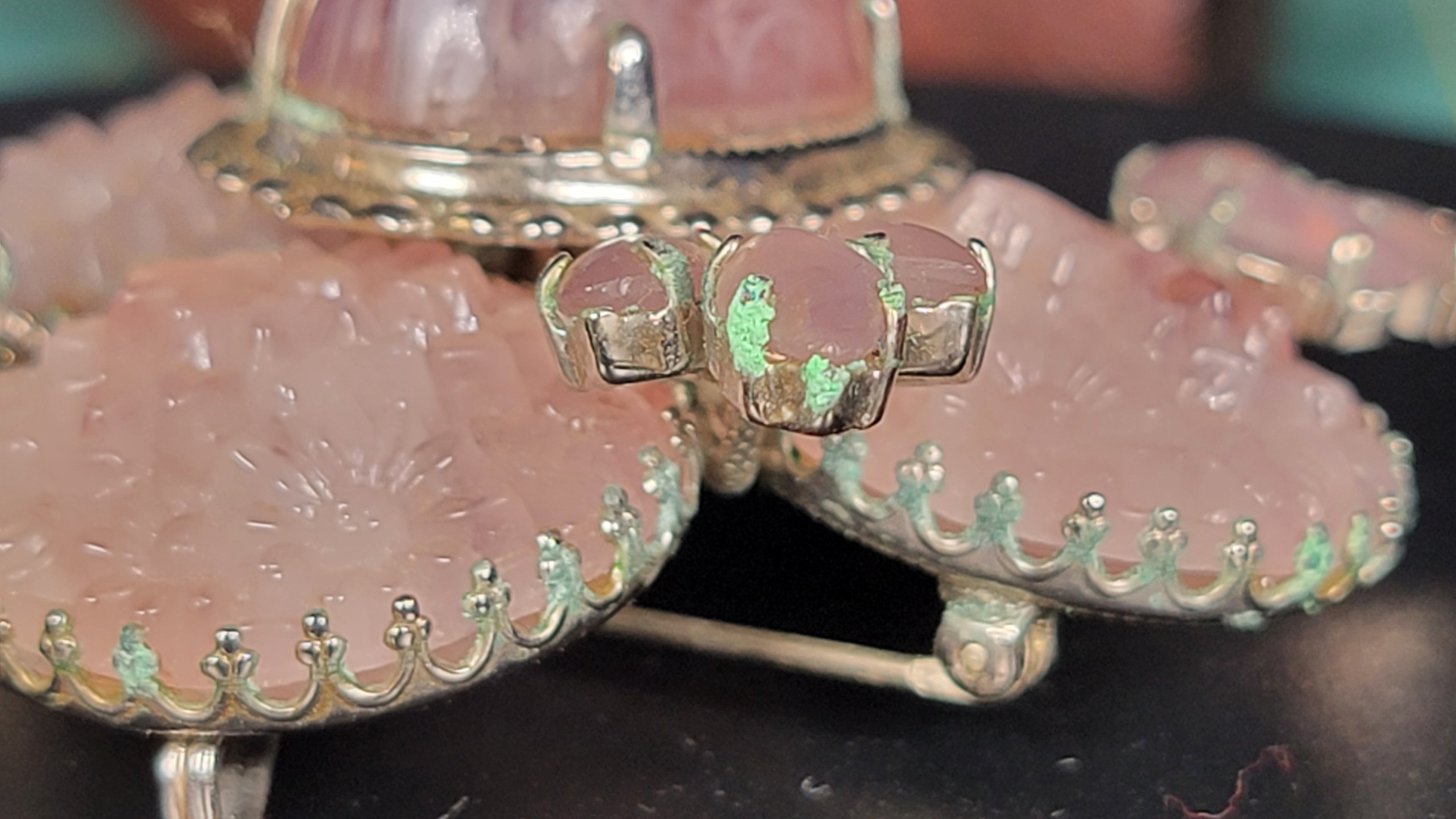 Vintage Schreiner New York 1950s Signed Cupcake Floral Glass Brooch Pink Cabochon