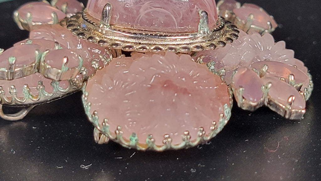 Vintage Schreiner New York 1950s Signed Cupcake Floral Glass Brooch Pink Cabochon