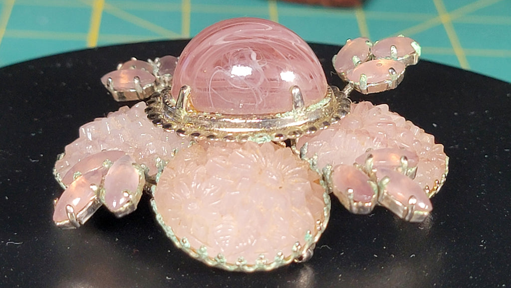Vintage Schreiner New York 1950s Signed Cupcake Floral Glass Brooch Pink Cabochon