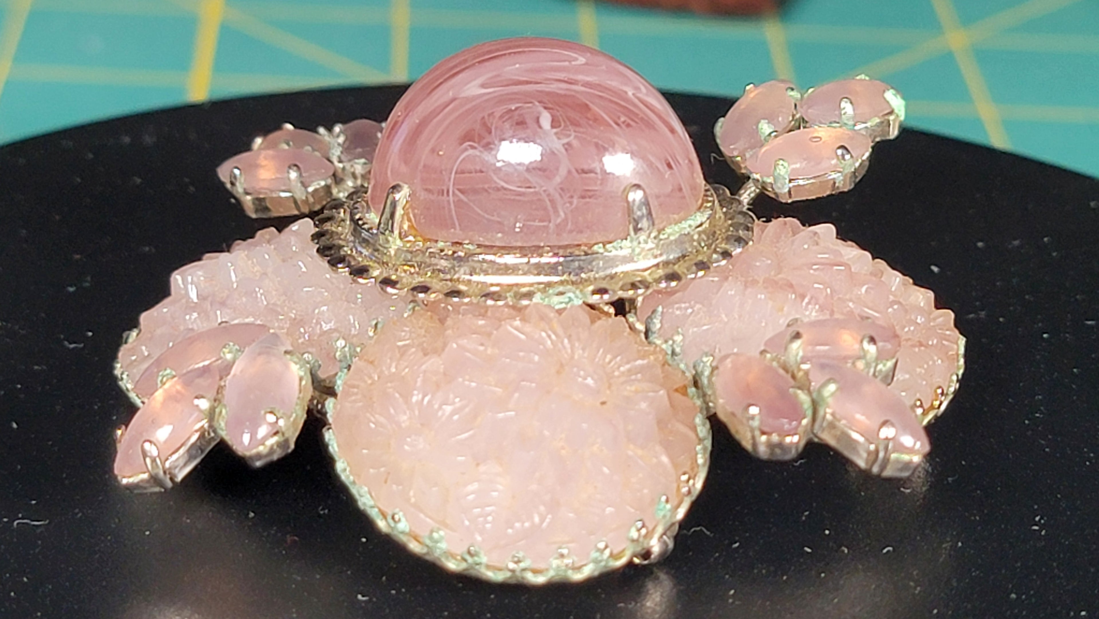 Vintage Schreiner New York 1950s Signed Cupcake Floral Glass Brooch Pink Cabochon