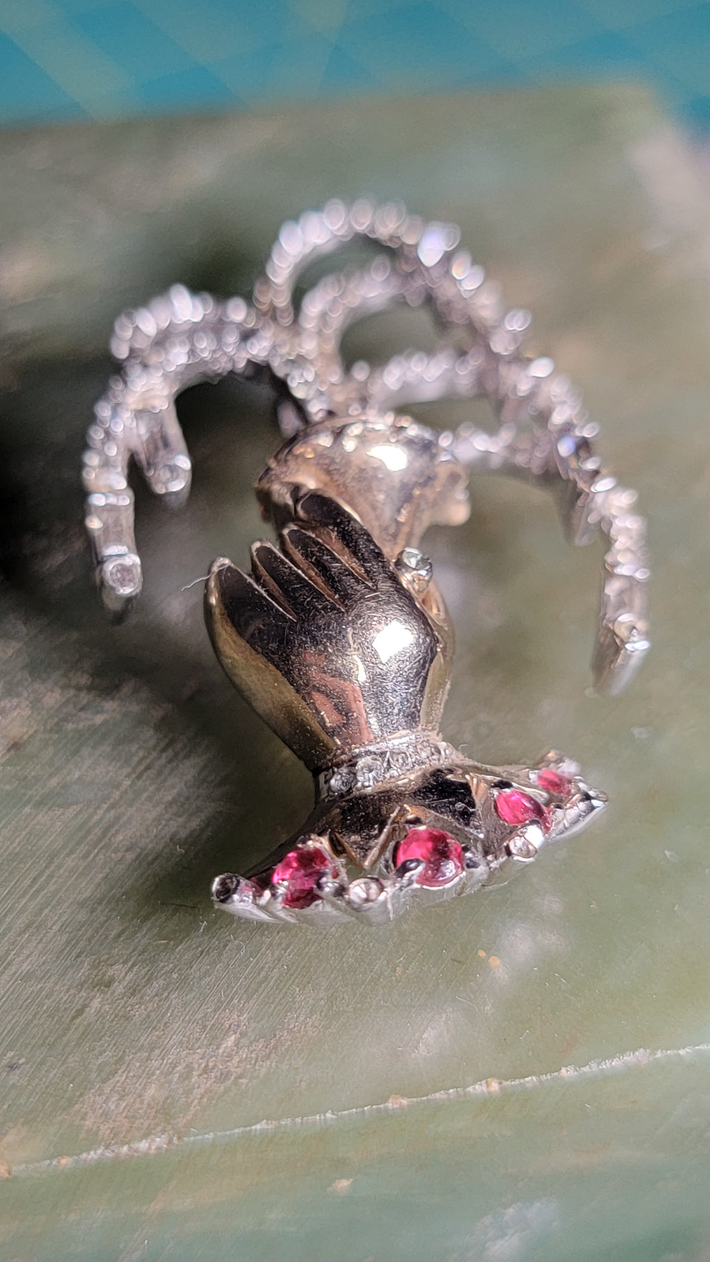 Vintage 1940s-1950s Reja Gold Wash Brooch - Hand Holding Crown - Rhinestone & Baguette