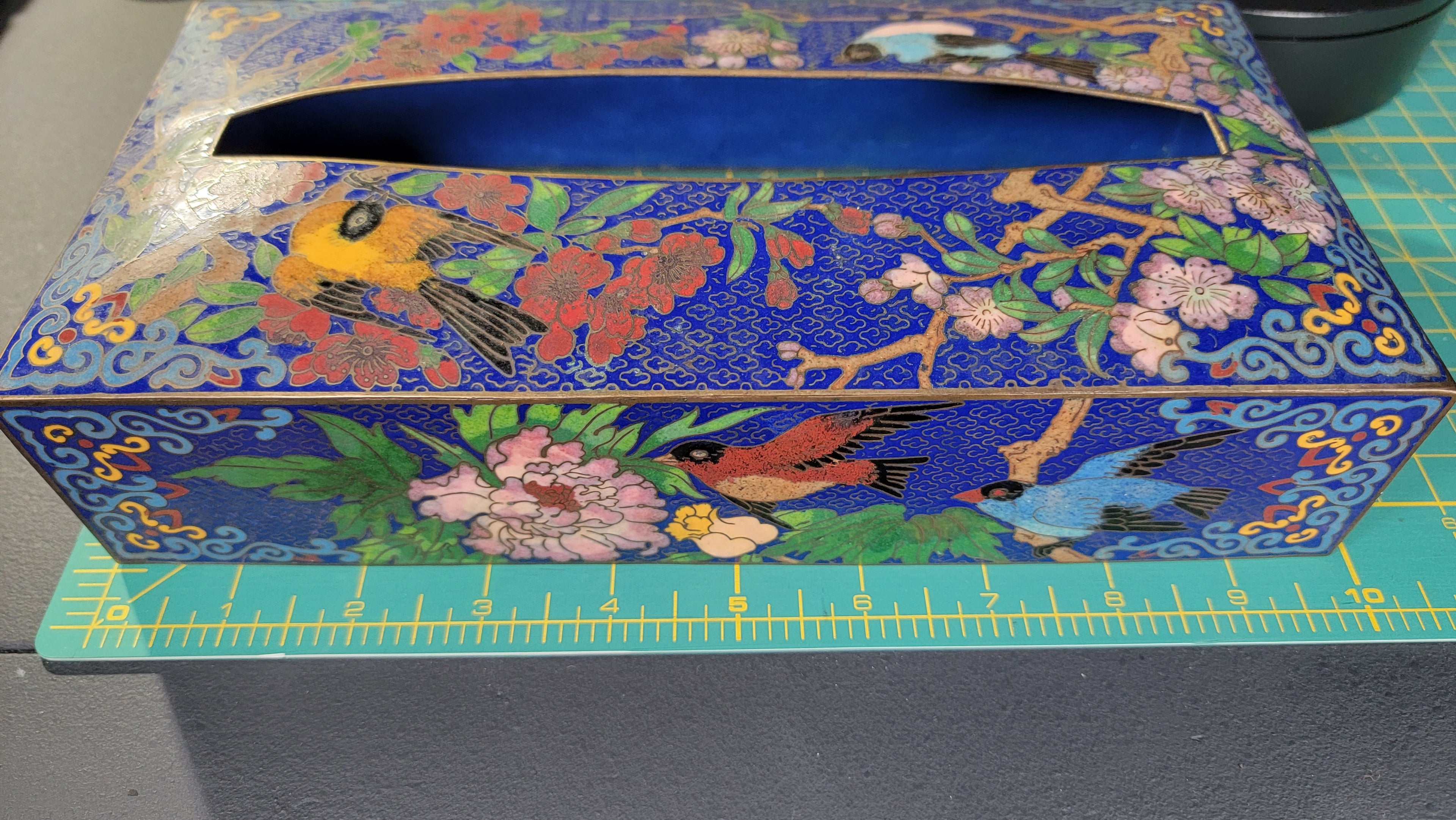 Rare Authentic 20th Century Cloisonné Tissue Box Cover - 10" x 5" - Immaculate Condition