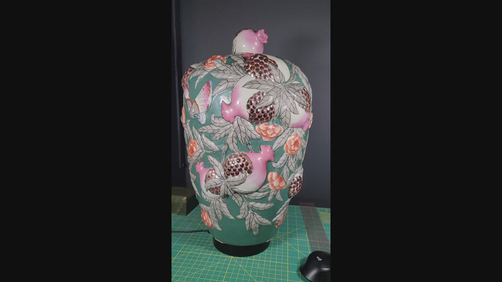 Asian Famille Rose Porcelain Vases Pair - 19.5" Tall - Butterflies & Pomegranates