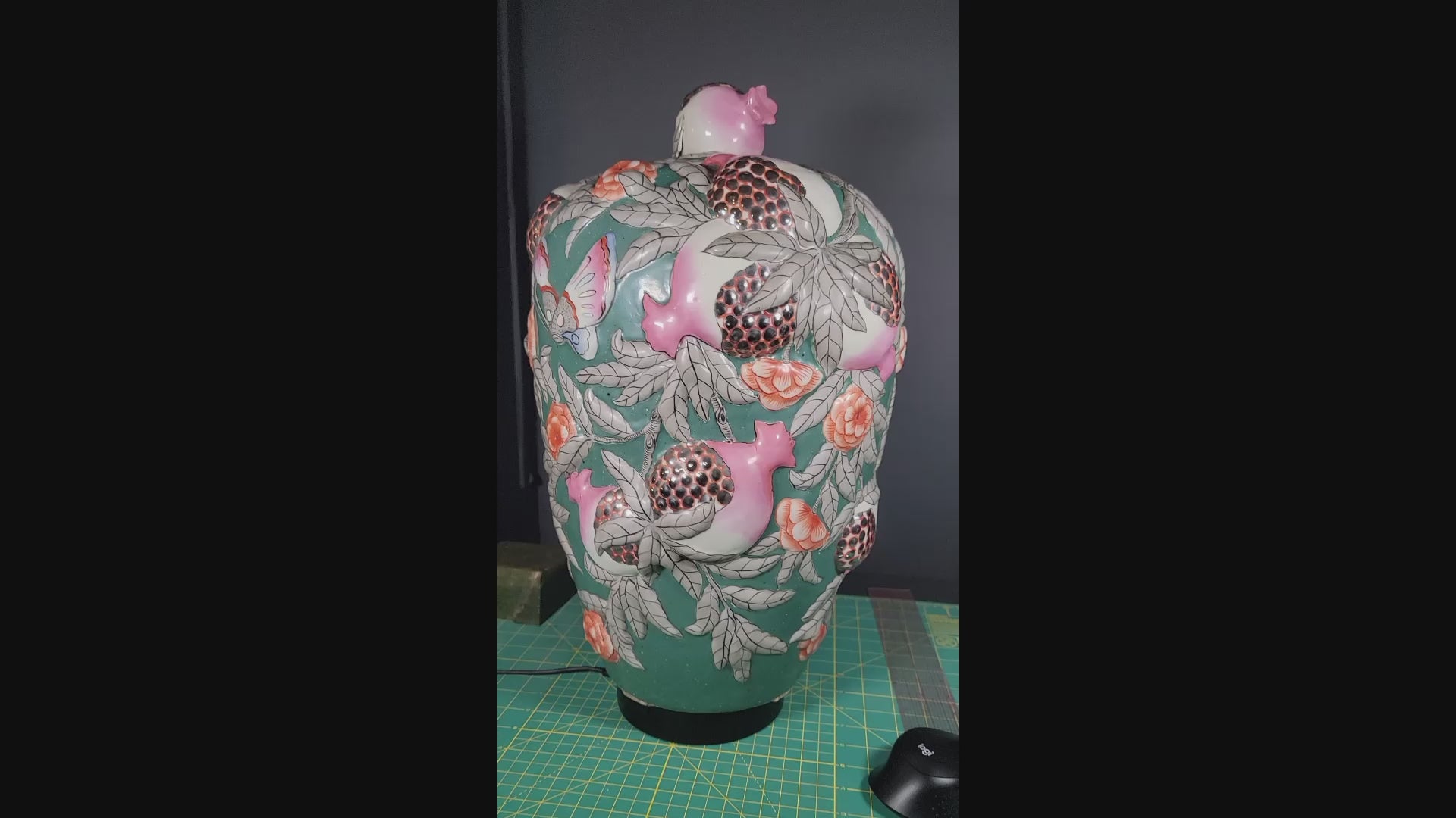 Asian Famille Rose Porcelain Vases Pair - 19.5" Tall - Butterflies & Pomegranates