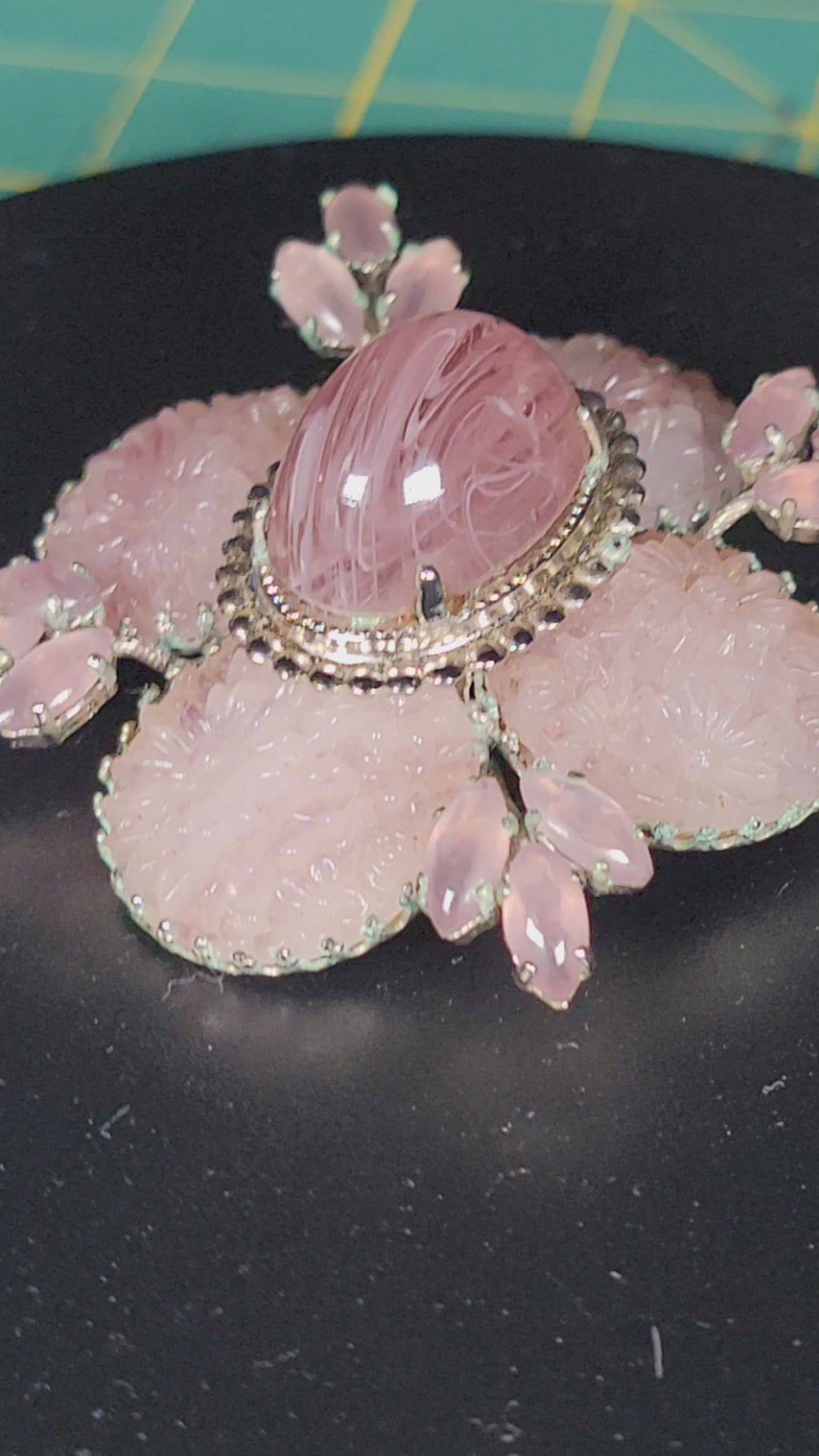 Vintage Schreiner New York 1950s Signed Cupcake Floral Glass Brooch Pink Cabochon