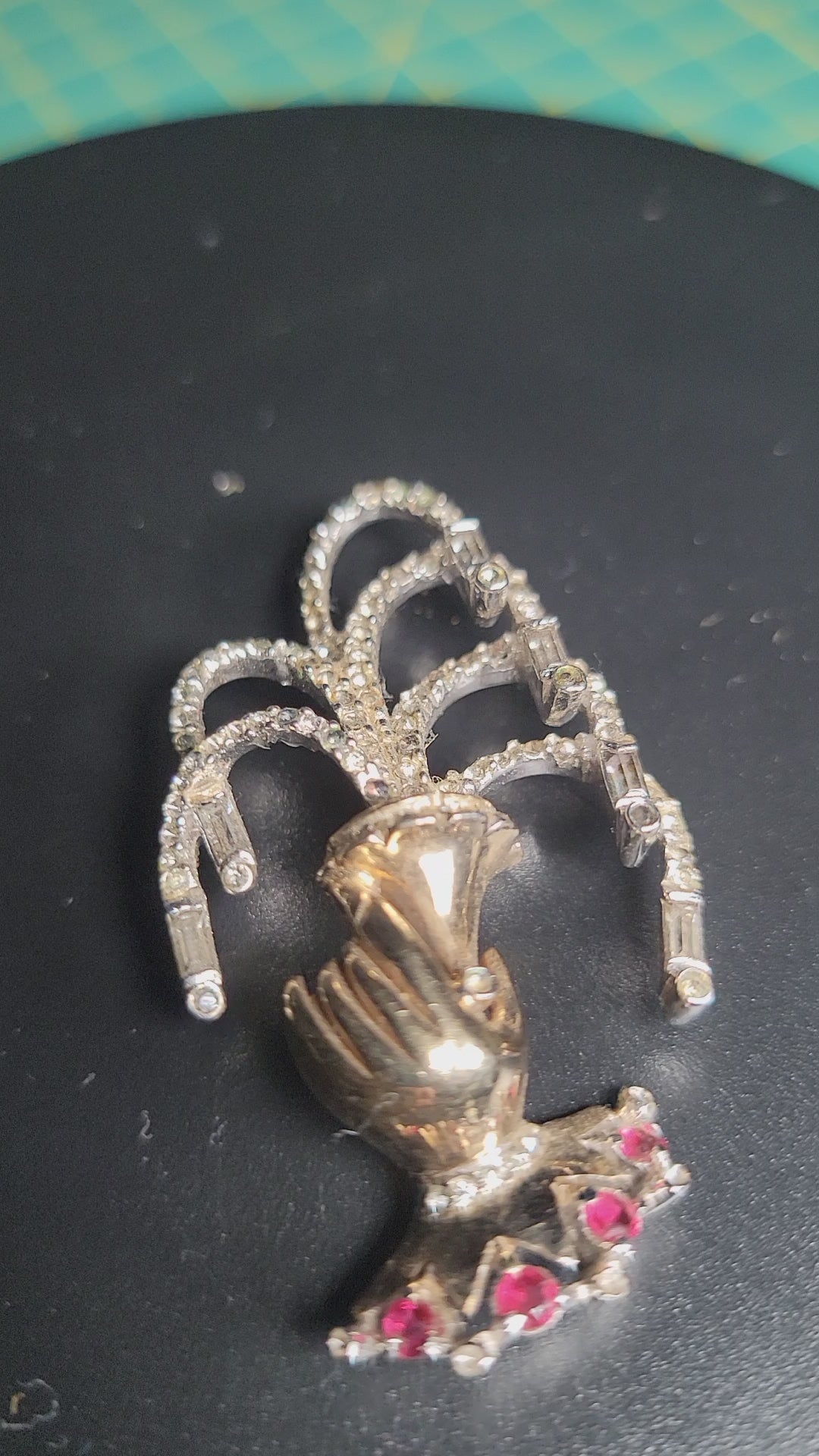 Vintage 1940s-1950s Reja Gold Wash Brooch - Hand Holding Crown - Rhinestone & Baguette