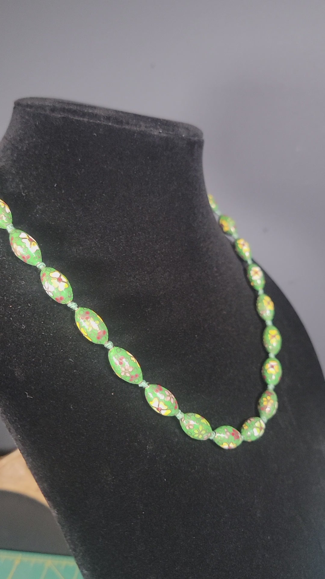 1950s Cloisonné Necklace on Hand Knotted Silk