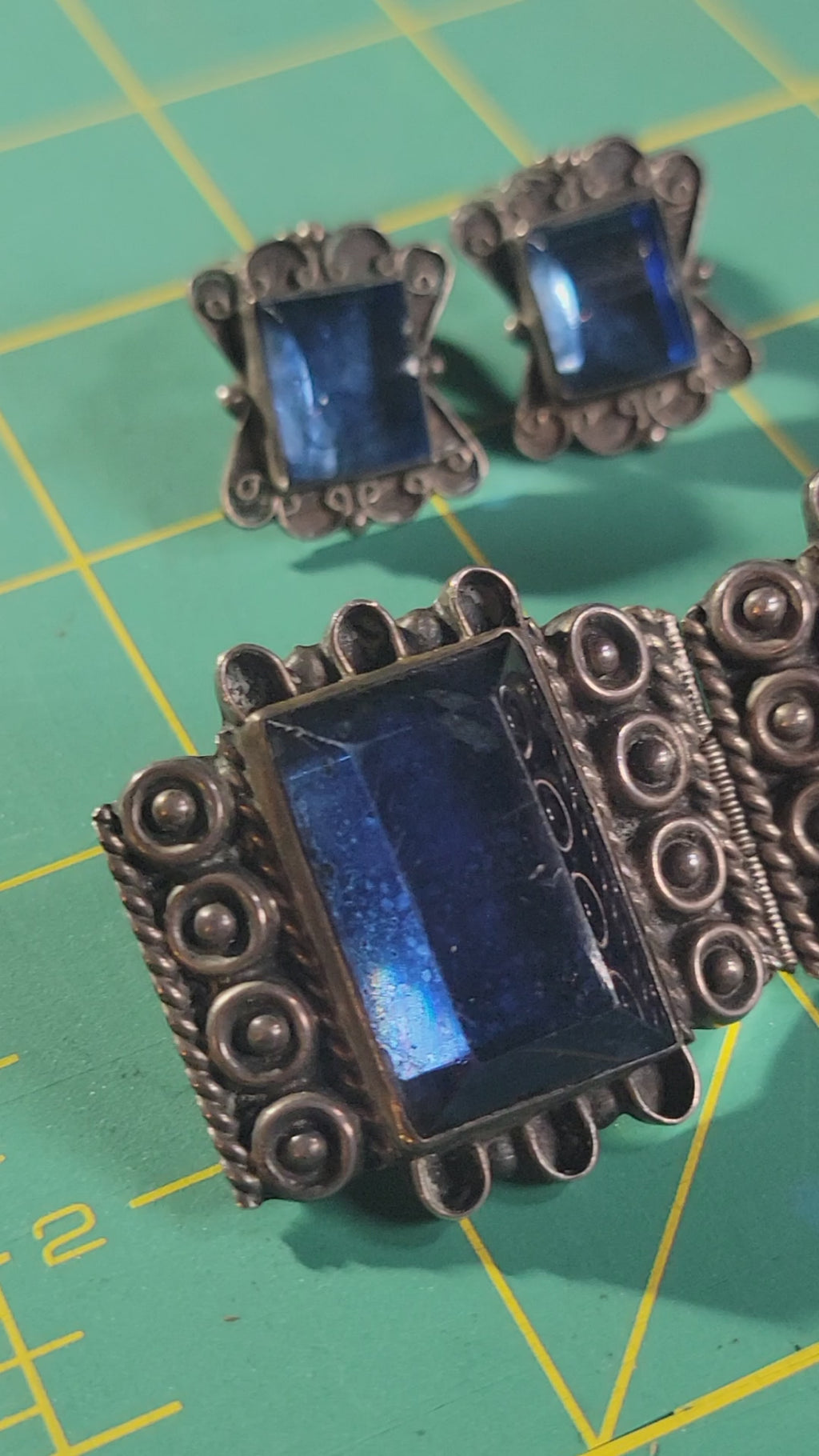 Vintage Mexican Silver Bracelet & Earrings Set - Blue Art Glass - Taxco Style - 1940s-50s
