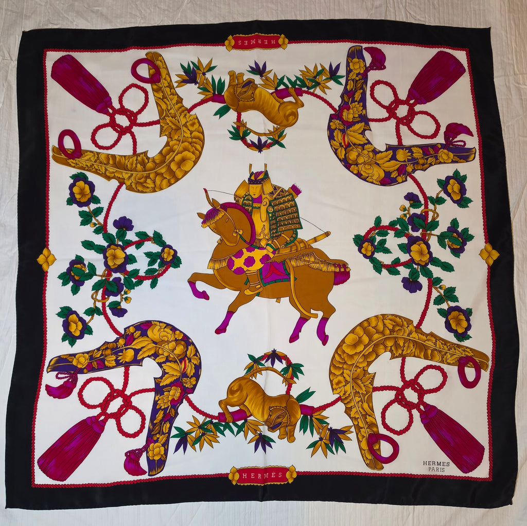 Hermès “Samouraï” Silk Scarf – Black Border – 90cm Carré – Mint Condition