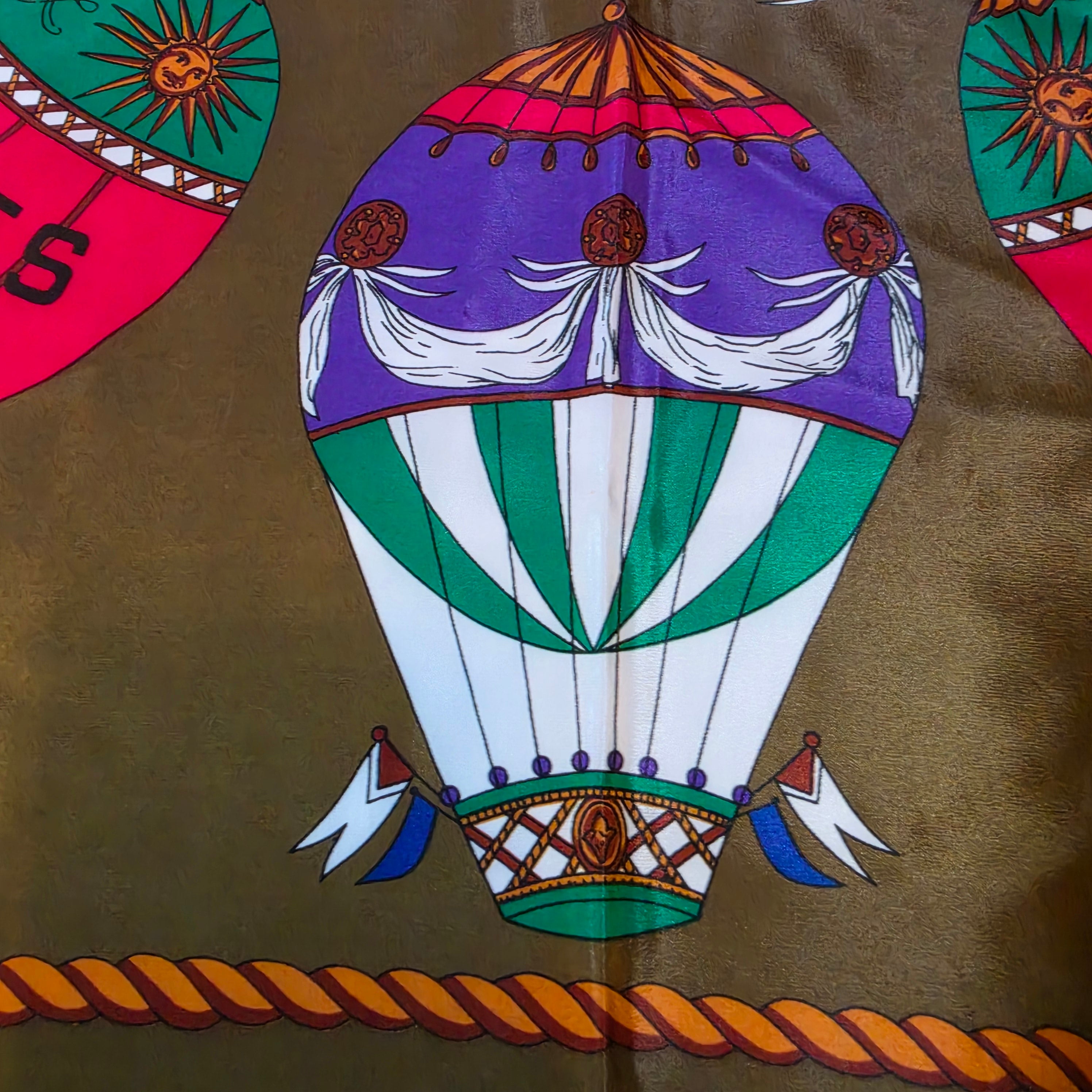 Hermès “Les Montgolfières” Silk Scarf – Olive Green – 90cm Carré – Mint Condition