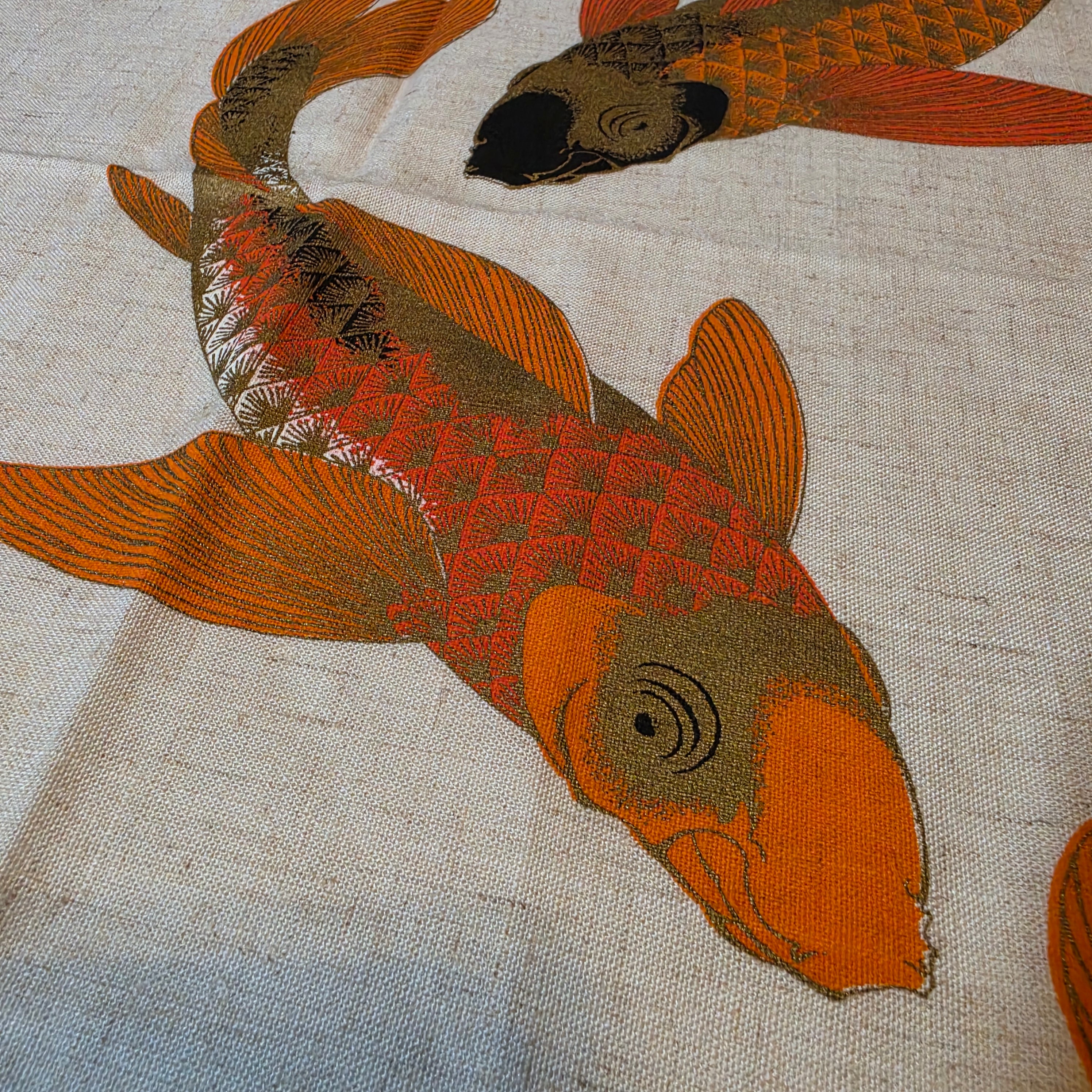 Vintage Mid-Century Alfred Shaheen Koi Fish Linen Textile Panel - Signed 45" x 26"