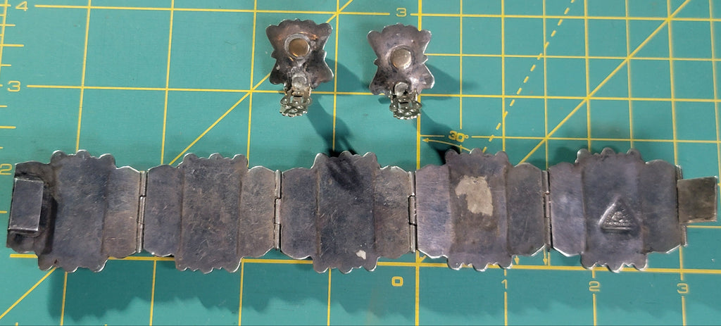 Vintage Mexican Silver Bracelet & Earrings Set - Blue Art Glass - Taxco Style - 1940s-50s
