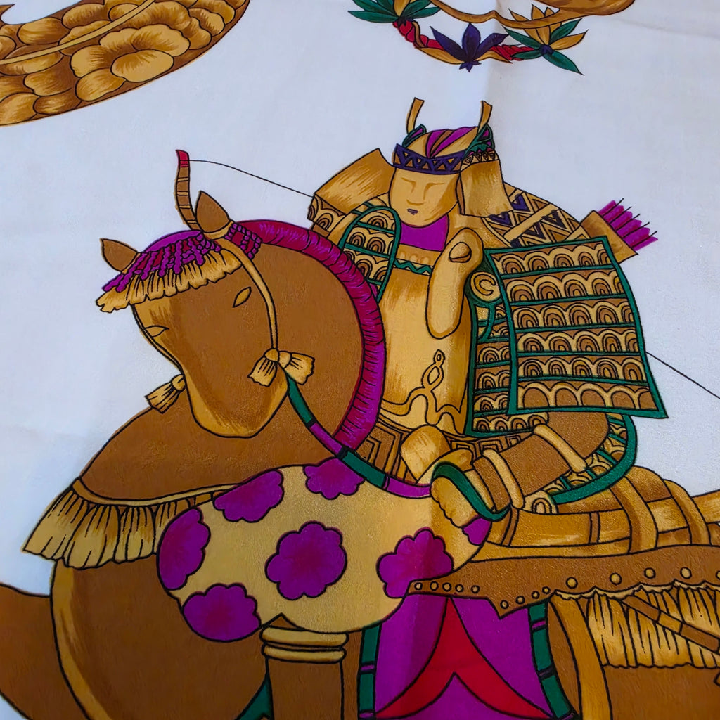 Hermès “Samouraï” Silk Scarf – Black Border – 90cm Carré – Mint Condition
