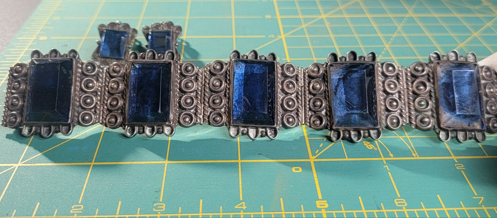 Vintage Mexican Silver Bracelet & Earrings Set - Blue Art Glass - Taxco Style - 1940s-50s
