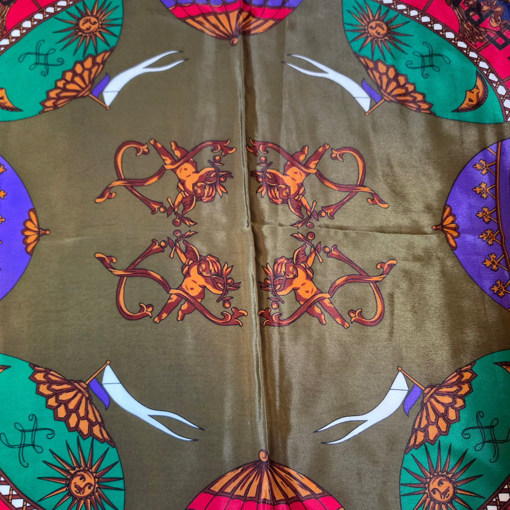 Hermès “Les Montgolfières” Silk Scarf – Olive Green – 90cm Carré – Mint Condition