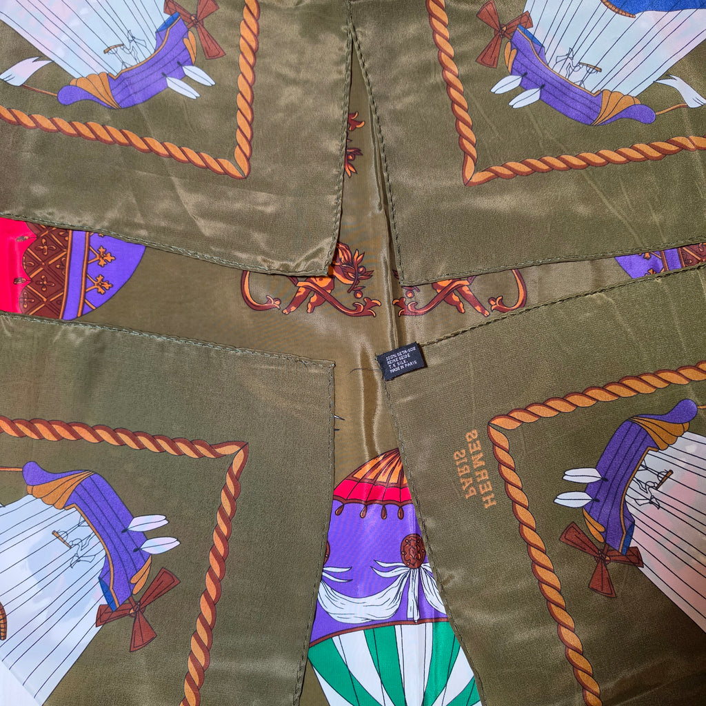 Hermès “Les Montgolfières” Silk Scarf – Olive Green – 90cm Carré – Mint Condition