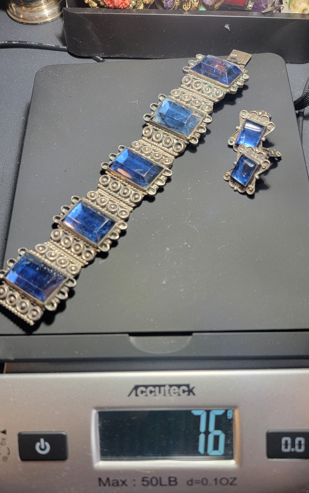 Vintage Mexican Silver Bracelet & Earrings Set - Blue Art Glass - Taxco Style - 1940s-50s