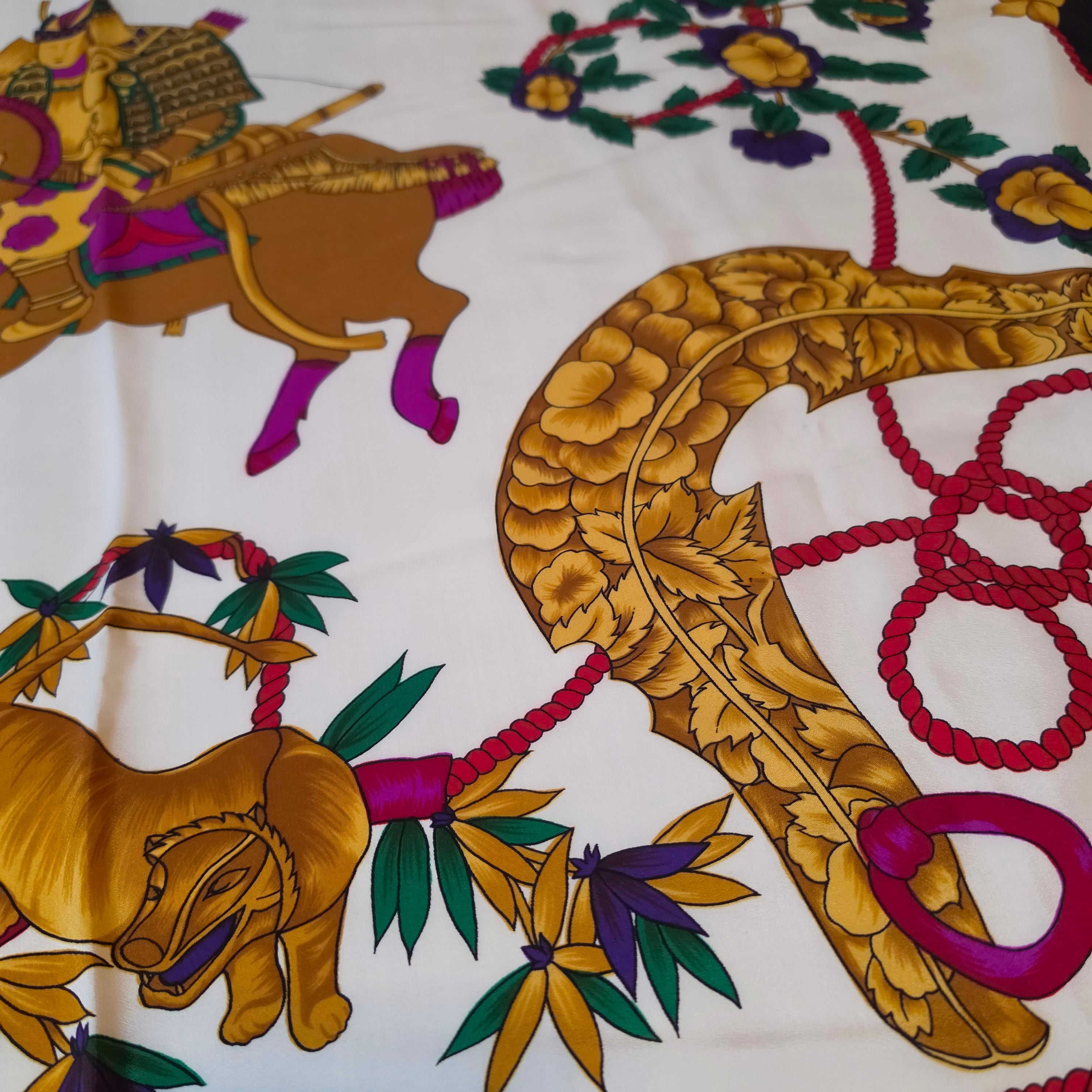 Hermès “Samouraï” Silk Scarf – Black Border – 90cm Carré – Mint Condition