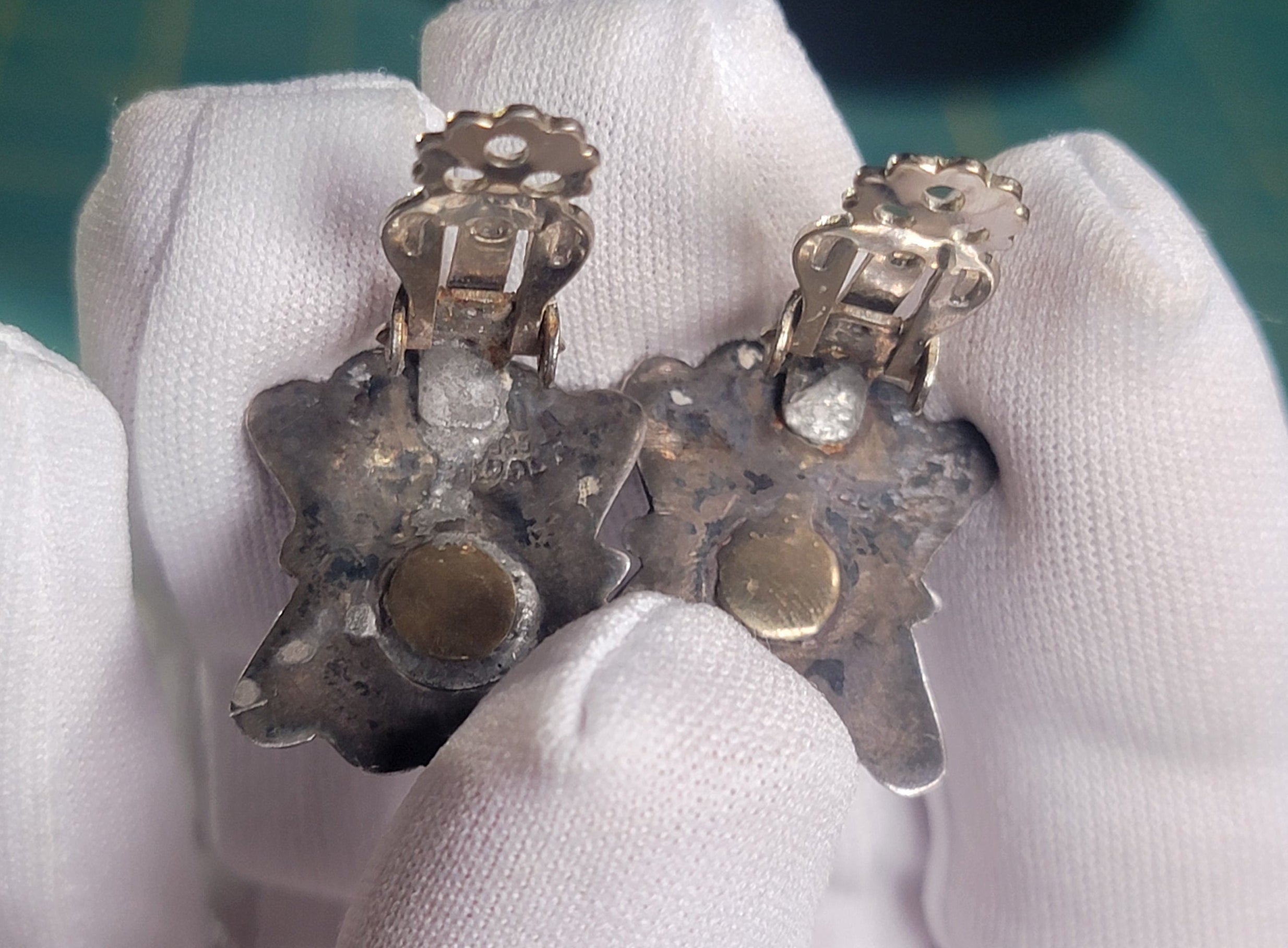 Vintage Mexican Silver Bracelet & Earrings Set - Blue Art Glass - Taxco Style - 1940s-50s