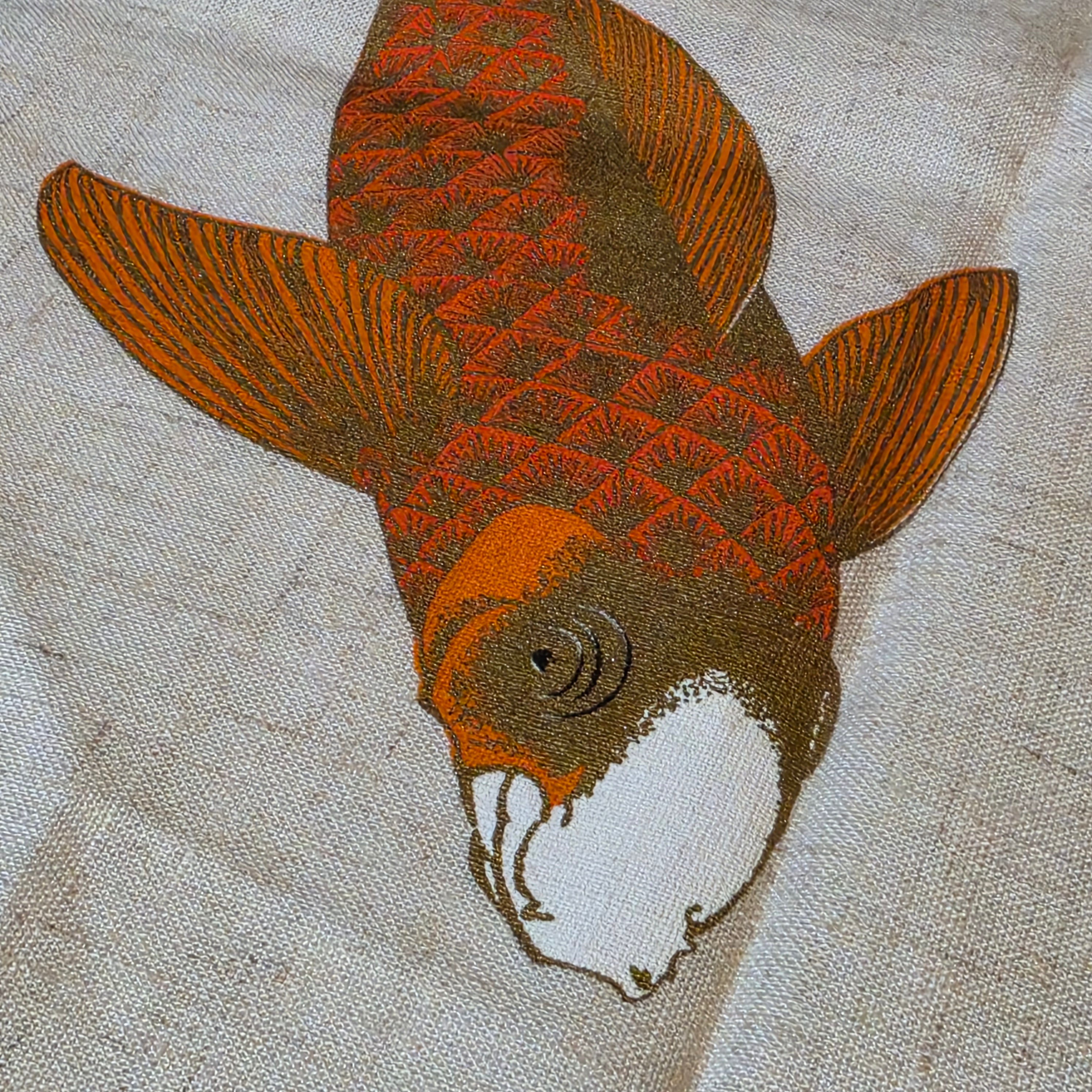 Vintage Mid-Century Alfred Shaheen Koi Fish Linen Textile Panel - Signed 45" x 26"