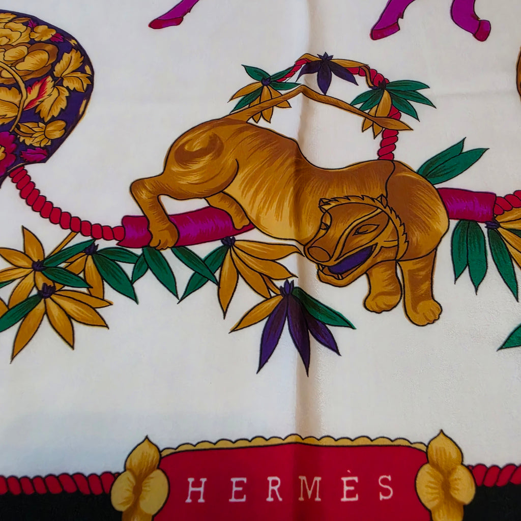 Hermès “Samouraï” Silk Scarf – Black Border – 90cm Carré – Mint Condition