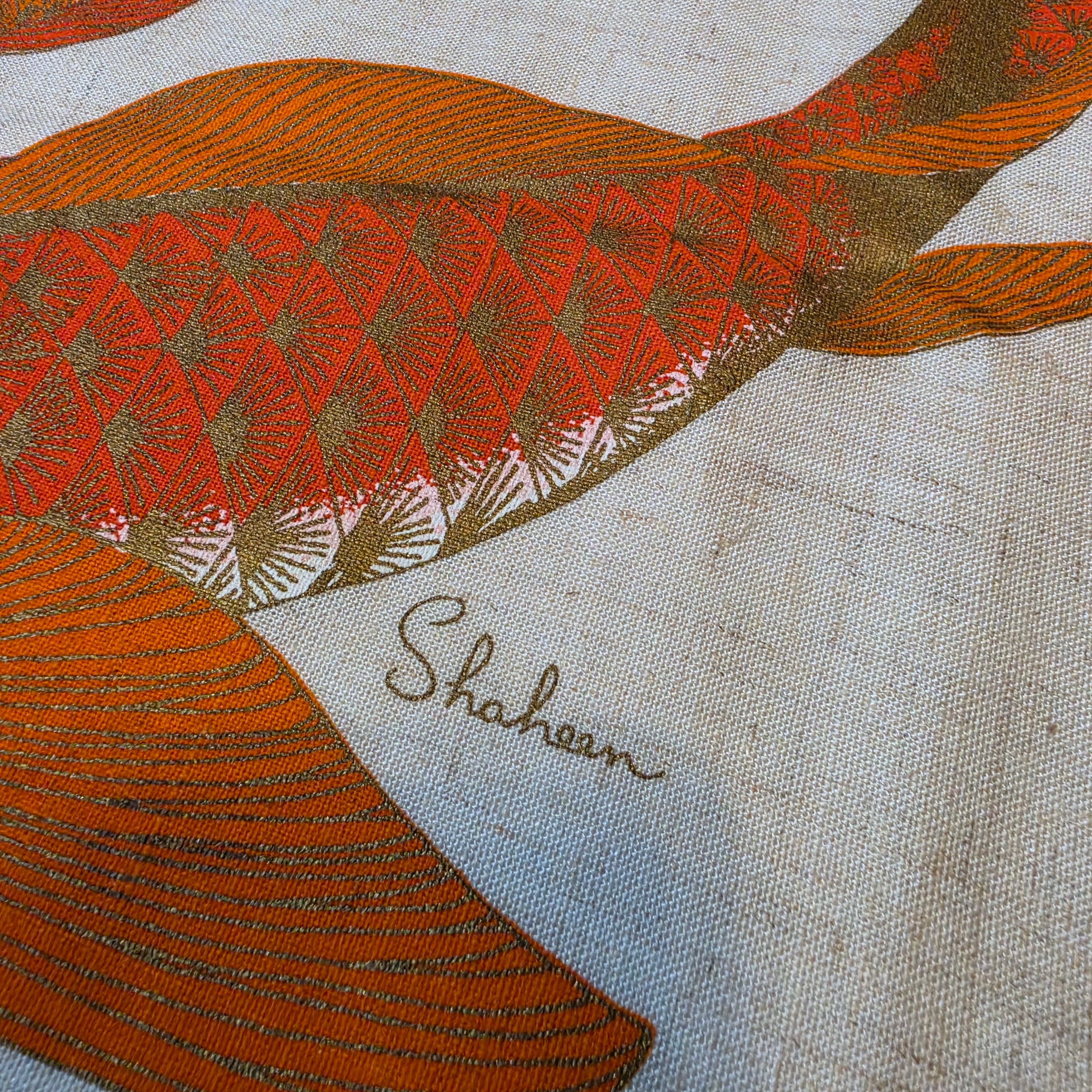 Vintage Mid-Century Alfred Shaheen Koi Fish Linen Textile Panel - Signed 45" x 26"