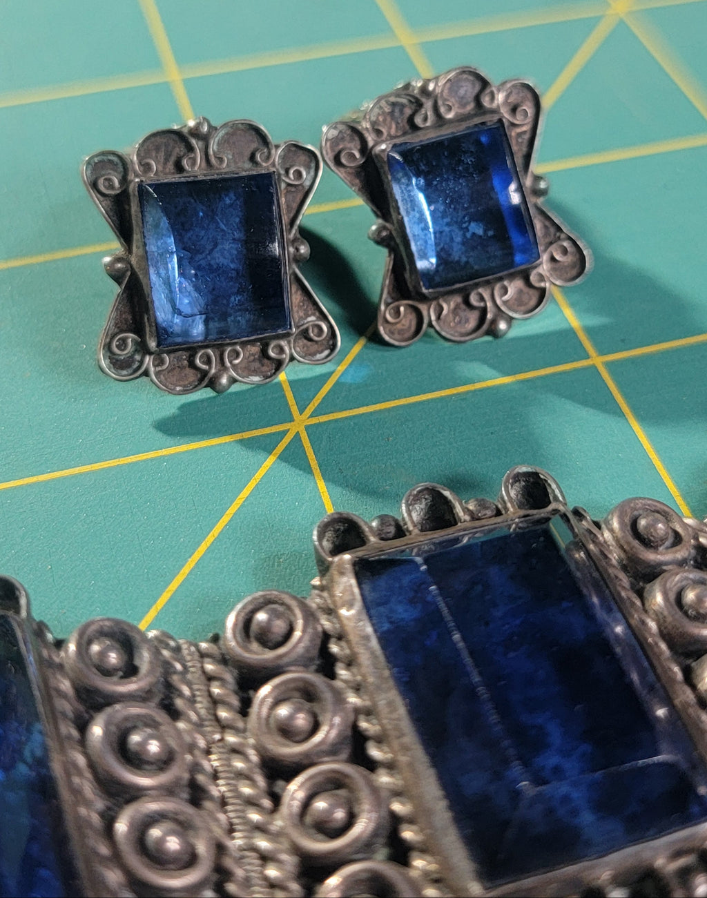Vintage Mexican Silver Bracelet & Earrings Set - Blue Art Glass - Taxco Style - 1940s-50s