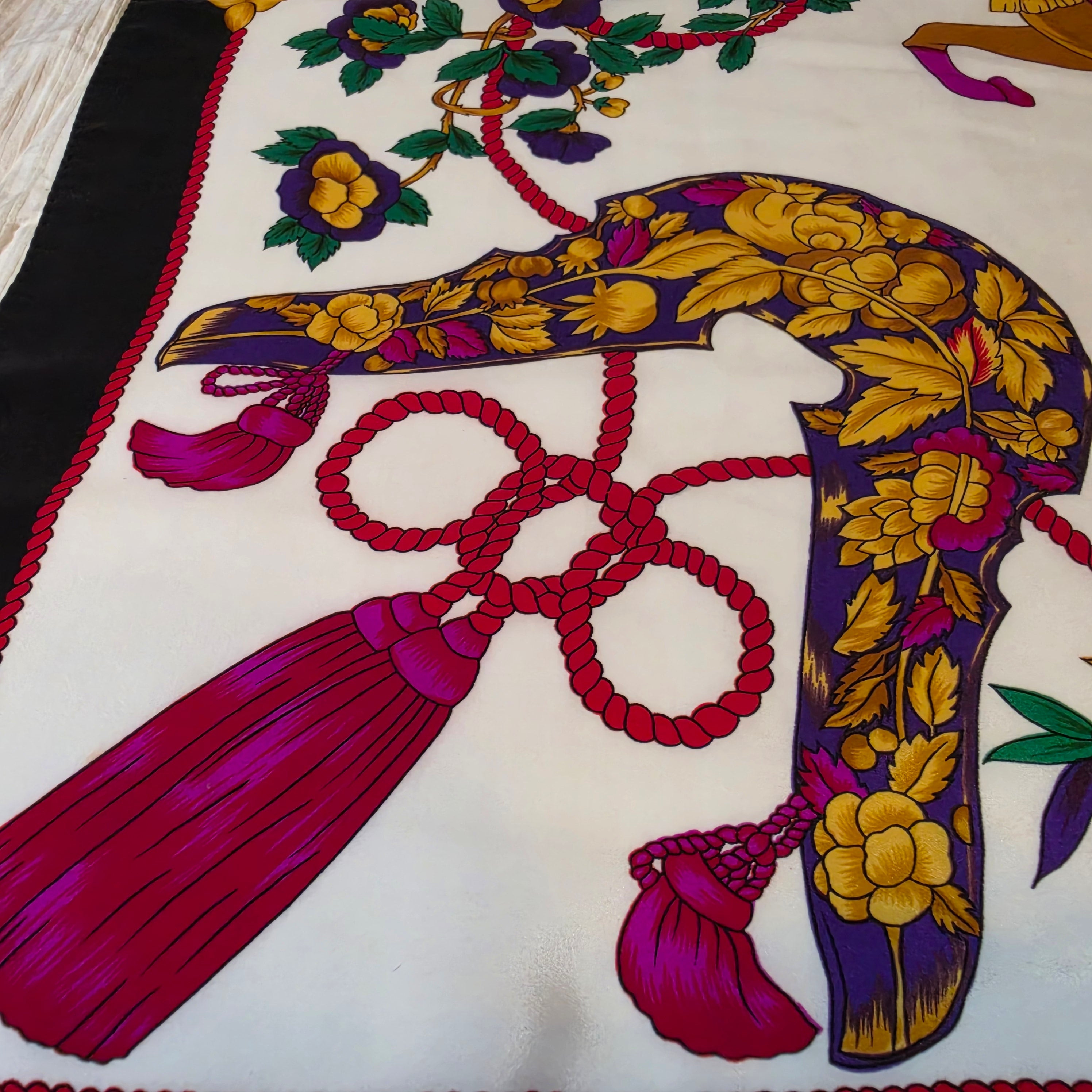 Hermès “Samouraï” Silk Scarf – Black Border – 90cm Carré – Mint Condition