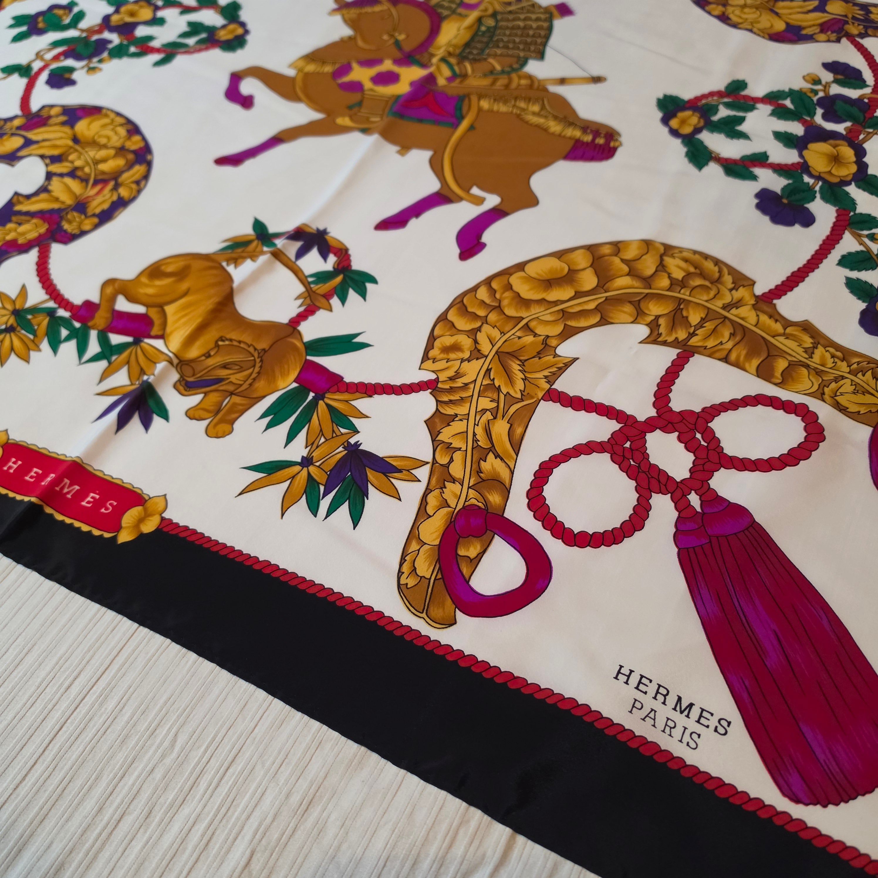 Hermès “Samouraï” Silk Scarf – Black Border – 90cm Carré – Mint Condition