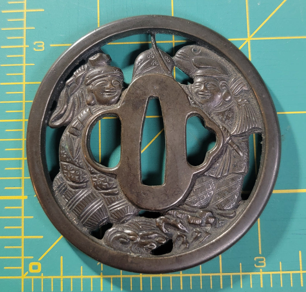 *SIGNED* Edo Period Copper Tsuba - Daikoku & Ebisu by Yamashiro ju Masayoshi