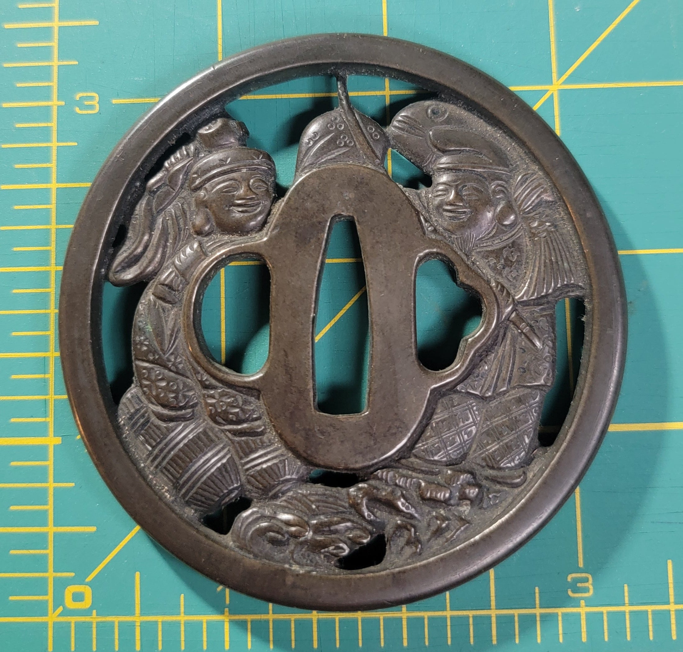 *SIGNED* Edo Period Copper Tsuba - Daikoku & Ebisu by Yamashiro ju Masayoshi